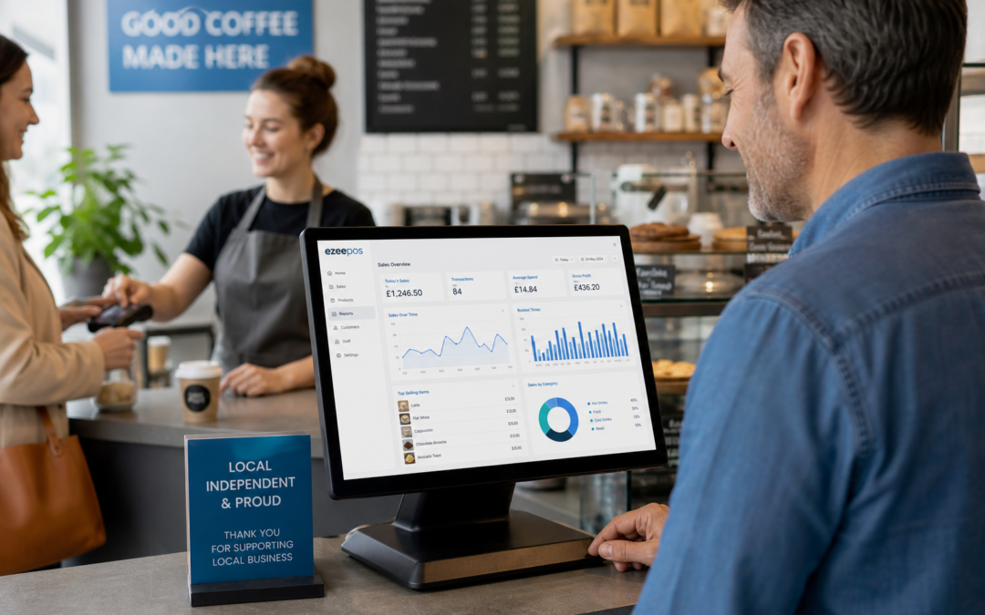 Why Better Reporting Helps Small Businesses Make Smarter Decisions - Photorealistic commercial photography style image for a UK independent café or retail shop, showing a business owner standing beside a clean modern EPOS touchscreen terminal on the counter, reviewing a sales reporting dashboard with simple charts, busiest-time graphs and daily performance figures on the screen, with a staff member serving a customer in the softly blurred background, warm natural daylight, shallow depth of field, premium but realistic composition, subtle blue brand accents on the interface and signage, professional counter area, realistic UK business environment, technology clearly the focus of the image, suitable as a WordPress featured image for ezeepos.