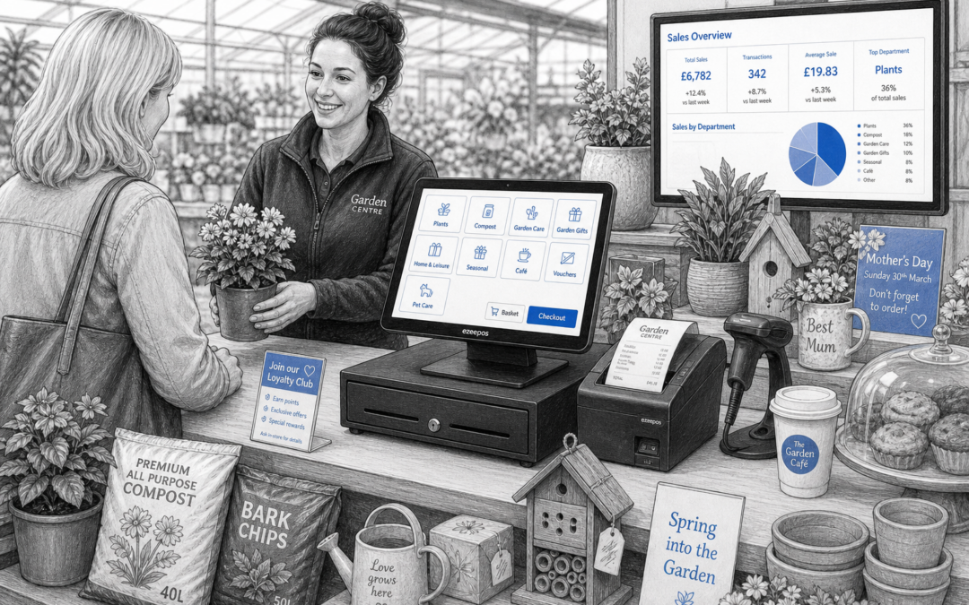 Why Garden Centres Need a Better EPOS Setup for Mixed Sales. Create a detailed black-and-white pencil and ink editorial blog illustration showing a realistic UK garden centre retail counter with mixed sales items such as potted plants, compost bags, garden gifts, seasonal decor and a few café takeaway items arranged neatly around a modern touchscreen EPOS till. A friendly staff member is serving a customer while another screen shows tidy blue-accent department buttons and simple sales reporting icons, suggesting mixed product ranges and seasonal trading. Include a receipt printer, barcode scanner and cash drawer in a clean counter area, with subtle blue accents only on the POS screen, interface elements, small signage and a loyalty or sales dashboard detail. Use natural lighting, shallow depth of field, warm professional business atmosphere and clean hand-drawn linework with light shading. The image should feel like a custom WordPress featured image for ezeepos, focused on practical retail organisation and busy garden centre service, not photorealistic, not cartoonish, and not cluttered.