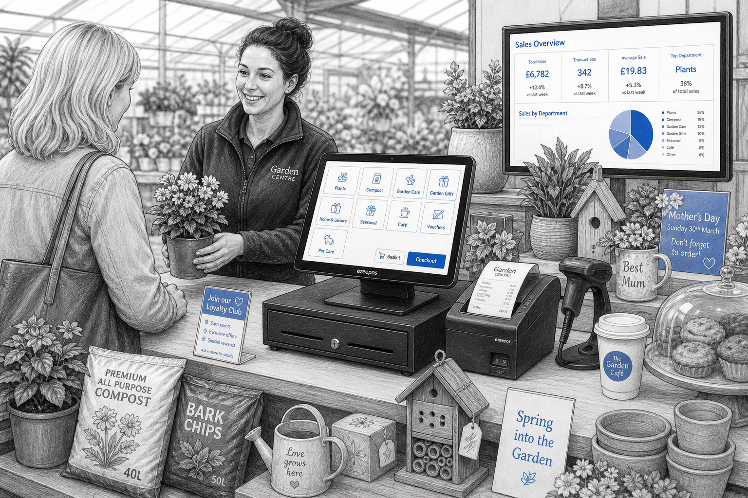 Why Garden Centres Need a Better EPOS Setup for Mixed Sales. Create a detailed black-and-white pencil and ink editorial blog illustration showing a realistic UK garden centre retail counter with mixed sales items such as potted plants, compost bags, garden gifts, seasonal decor and a few café takeaway items arranged neatly around a modern touchscreen EPOS till. A friendly staff member is serving a customer while another screen shows tidy blue-accent department buttons and simple sales reporting icons, suggesting mixed product ranges and seasonal trading. Include a receipt printer, barcode scanner and cash drawer in a clean counter area, with subtle blue accents only on the POS screen, interface elements, small signage and a loyalty or sales dashboard detail. Use natural lighting, shallow depth of field, warm professional business atmosphere and clean hand-drawn linework with light shading. The image should feel like a custom WordPress featured image for ezeepos, focused on practical retail organisation and busy garden centre service, not photorealistic, not cartoonish, and not cluttered.