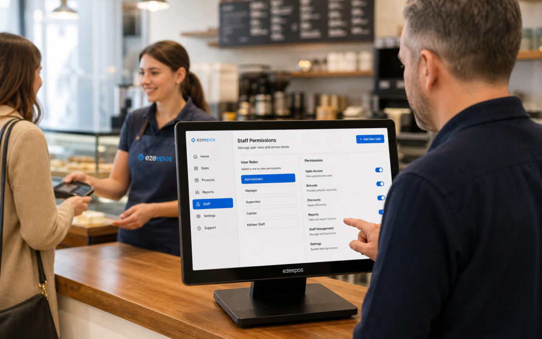 Why Staff Permissions Matter in Retail and Hospitality EPOS Systems, photorealistic commercial photography style featuring a modern UK café or independent shop counter with a touchscreen EPOS terminal clearly showing user role options and a simple permissions menu, a manager reviewing the screen while a staff member serves a customer in the background, clean counter space, subtle blue brand accents on the interface and uniform details, warm natural lighting, shallow depth of field, professional realistic composition, premium but everyday business feel, technology as the main focus, suitable as a WordPress featured image for ezeepos, no clutter, no exaggerated futuristic devices, realistic customer service environment.