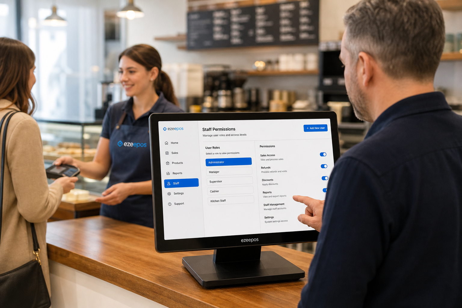 Why Staff Permissions Matter in Retail and Hospitality EPOS Systems, photorealistic commercial photography style featuring a modern UK café or independent shop counter with a touchscreen EPOS terminal clearly showing user role options and a simple permissions menu, a manager reviewing the screen while a staff member serves a customer in the background, clean counter space, subtle blue brand accents on the interface and uniform details, warm natural lighting, shallow depth of field, professional realistic composition, premium but everyday business feel, technology as the main focus, suitable as a WordPress featured image for ezeepos, no clutter, no exaggerated futuristic devices, realistic customer service environment.