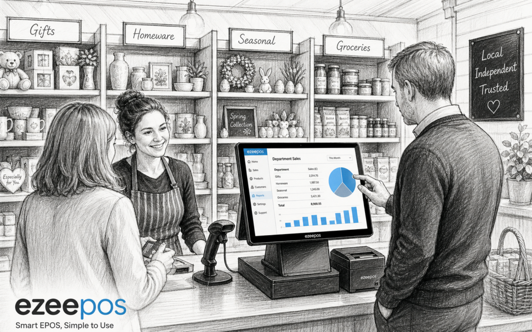 Why Multi-Department Retail EPOS Matters for Shops with Mixed Product Ranges, a realistic UK independent retail shop counter scene showing a mixed-product store with clearly organised departments such as gifts, homeware, seasonal items and groceries in the background, a friendly staff member serving a customer at a modern touchscreen EPOS till with subtle blue interface accents, a barcode scanner and receipt printer on a clean counter, and a manager reviewing department sales on the screen, all illustrated as a detailed black-and-white pencil and ink editorial blog illustration with clean hand-drawn linework, light shading, warm modern professional atmosphere, shallow depth of field, natural lighting, premium realistic composition, subtle blue accents only on screens and small interface elements, no photorealism, no cartoon style, no cluttered background, designed as a professional featured image for ezeepos