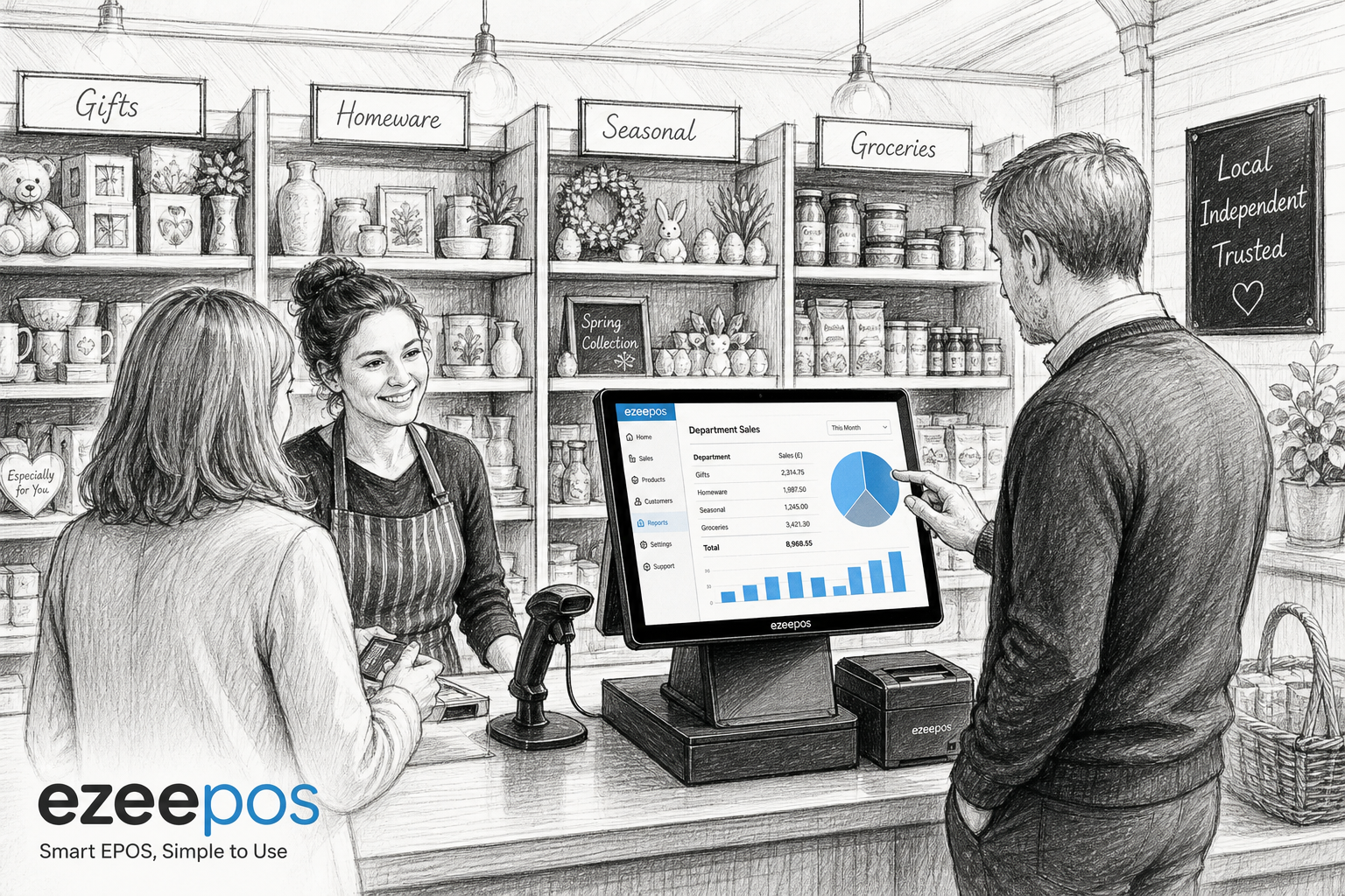 Why Multi-Department Retail EPOS Matters for Shops with Mixed Product Ranges, a realistic UK independent retail shop counter scene showing a mixed-product store with clearly organised departments such as gifts, homeware, seasonal items and groceries in the background, a friendly staff member serving a customer at a modern touchscreen EPOS till with subtle blue interface accents, a barcode scanner and receipt printer on a clean counter, and a manager reviewing department sales on the screen, all illustrated as a detailed black-and-white pencil and ink editorial blog illustration with clean hand-drawn linework, light shading, warm modern professional atmosphere, shallow depth of field, natural lighting, premium realistic composition, subtle blue accents only on screens and small interface elements, no photorealism, no cartoon style, no cluttered background, designed as a professional featured image for ezeepos