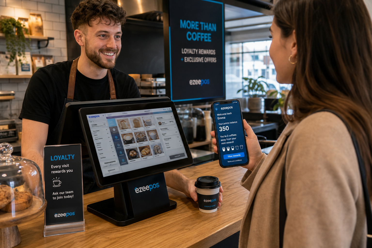 Customer Loyalty Ideas for Cafes, Shops and Takeaways, photorealistic commercial photography style showing a warm, modern UK cafe counter with a friendly staff member serving a returning customer who is holding a smartphone displaying a clear digital loyalty wallet and reward progress on screen, with an ezeepos-style touchscreen POS terminal visible beside a tidy counter, subtle blue brand accents on the interface and signage, fresh coffee cups and small retail items in the background, realistic payment and loyalty interaction at the point of sale, shallow depth of field, natural lighting, premium but realistic composition, clean counter area, professional blog hero image for ezeepos, focused on customer loyalty technology in a real UK retail and hospitality setting