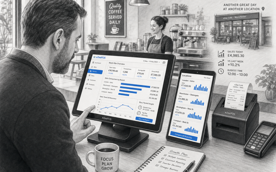How Multi-Site Reporting Helps Growing Retail and Hospitality Businesses. Create a detailed black-and-white pencil and ink editorial blog illustration of a realistic UK business owner reviewing multi-site reporting on an eZeePOS touchscreen terminal and tablet inside a modern café or retail counter, with a second location subtly visible in the background through the reflected screen or a small wall graphic. Show clear dashboard charts, branch comparison bars, sales figures and busy-period insights on the POS screen with subtle blue accent details only on the graphs, buttons and interface highlights. Include a clean counter area, receipt printer, card terminal nearby, friendly staff member in the background and a professional, warm business atmosphere. Use shallow depth of field, natural lighting, premium realistic composition and clean hand-drawn linework with light shading. The image should feel like a custom featured image for a UK EPOS blog, focused on practical reporting for growing retail and hospitality businesses, with the technology and branch comparison as the main visual story.