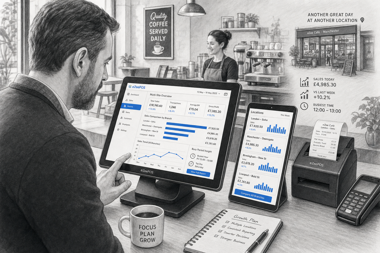 How Multi-Site Reporting Helps Growing Retail and Hospitality Businesses. Create a detailed black-and-white pencil and ink editorial blog illustration of a realistic UK business owner reviewing multi-site reporting on an eZeePOS touchscreen terminal and tablet inside a modern café or retail counter, with a second location subtly visible in the background through the reflected screen or a small wall graphic. Show clear dashboard charts, branch comparison bars, sales figures and busy-period insights on the POS screen with subtle blue accent details only on the graphs, buttons and interface highlights. Include a clean counter area, receipt printer, card terminal nearby, friendly staff member in the background and a professional, warm business atmosphere. Use shallow depth of field, natural lighting, premium realistic composition and clean hand-drawn linework with light shading. The image should feel like a custom featured image for a UK EPOS blog, focused on practical reporting for growing retail and hospitality businesses, with the technology and branch comparison as the main visual story.