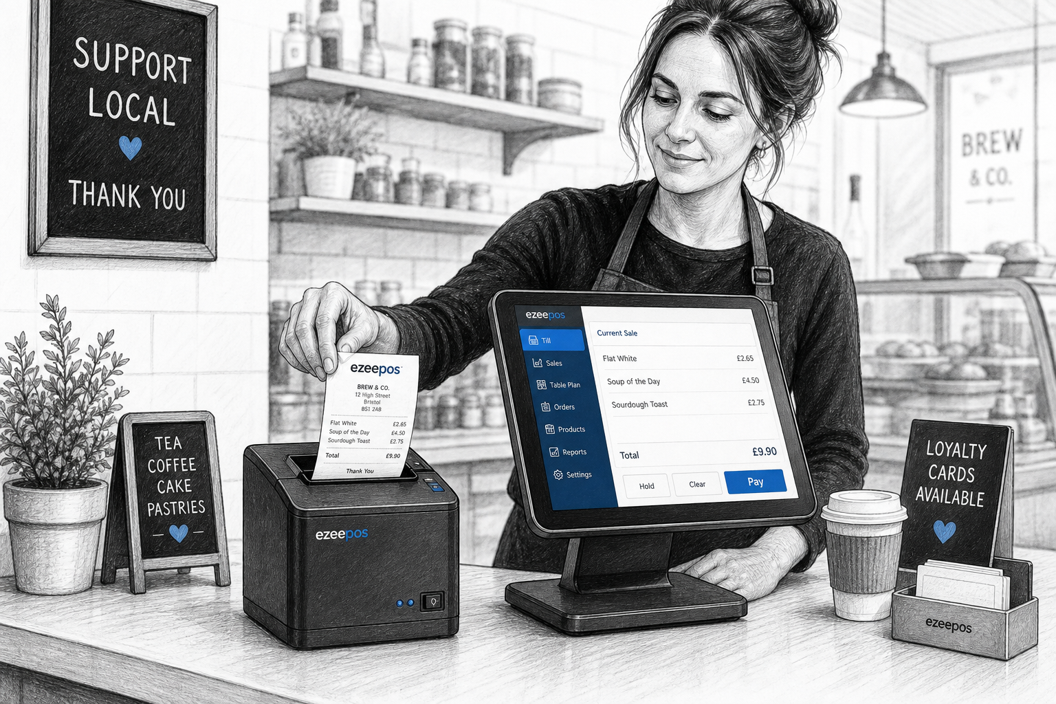 Choosing the Right Receipt Printer for a Busy EPOS Setup - Create a detailed black-and-white pencil and ink editorial blog illustration of a realistic UK retail or hospitality counter scene where a business owner or staff member is selecting or using a compact receipt printer beside a modern touchscreen EPOS till. Show a clean, professional counter in a cafe or independent shop with the receipt printer actively printing a slip, a touchscreen POS terminal nearby, subtle blue accent details only on the screen interface and small buttons, and a calm but busy service atmosphere. Use clean hand-drawn linework, light shading, realistic business proportions, warm natural lighting, shallow depth of field and a premium yet practical composition. Include just enough surrounding details to show a real UK trading environment without clutter, with the EPOS hardware as the focus of the image. Avoid photorealism, cartoon styling, futuristic devices, mountains, unrelated scenery and crowded backgrounds. Make it feel like a custom WordPress featured image for ezeepos.