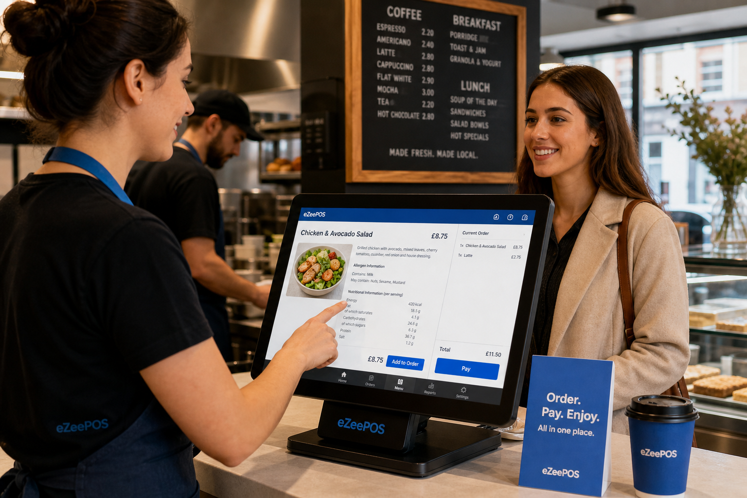 Why Food Information Matters in EPOS for Cafes, Restaurants and Takeaways, photorealistic commercial photography style in a modern UK cafe or takeaway counter during a busy service period, a friendly staff member using an eZeePOS-style touchscreen POS terminal while clear food information, allergen notes and menu item details are visible on the screen, a customer being served at the counter, a clean counter area with subtle blue brand accents on the interface and staff details, warm natural lighting, shallow depth of field, premium but realistic composition, professional hospitality environment, the POS screen and food information are the focus, realistic kitchen and front-of-house setting, suitable as a WordPress featured image for a UK EPOS blog