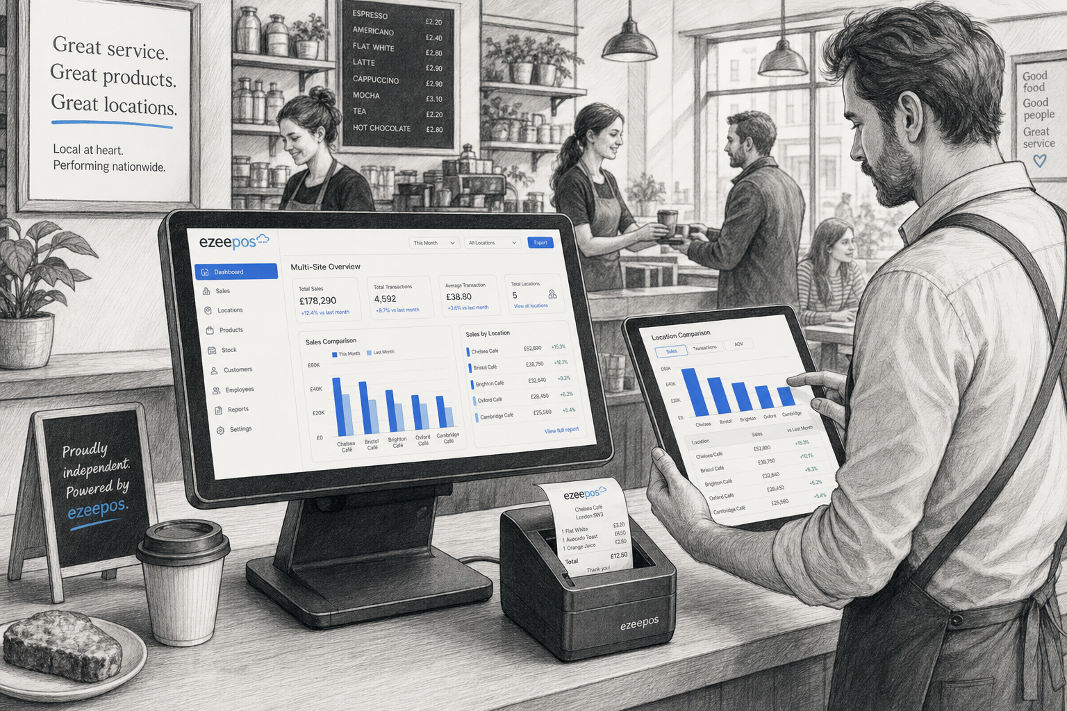 Why Multi-Site Reporting Matters for Growing UK Retail and Hospitality Businesses. Create a realistic marketing-style blog hero image as a detailed black-and-white pencil and ink editorial illustration showing a UK business owner in a modern café or independent retail shop reviewing multi-site sales dashboards on a touchscreen POS terminal and tablet, with branch comparison charts, sales bars and location summaries visible on the screens using subtle blue accent details only on interface elements and charts. Include a clean counter area, a receipt printer beside the terminal, friendly staff in the background serving customers, and a professional warm modern British business setting with shallow depth of field and natural lighting. The composition should feel premium and practical, with the technology clearly focused, realistic linework, light shading, no photorealism, no cartoon style, and a custom ezeepos-style EPOS environment that visually conveys comparing performance across different locations.