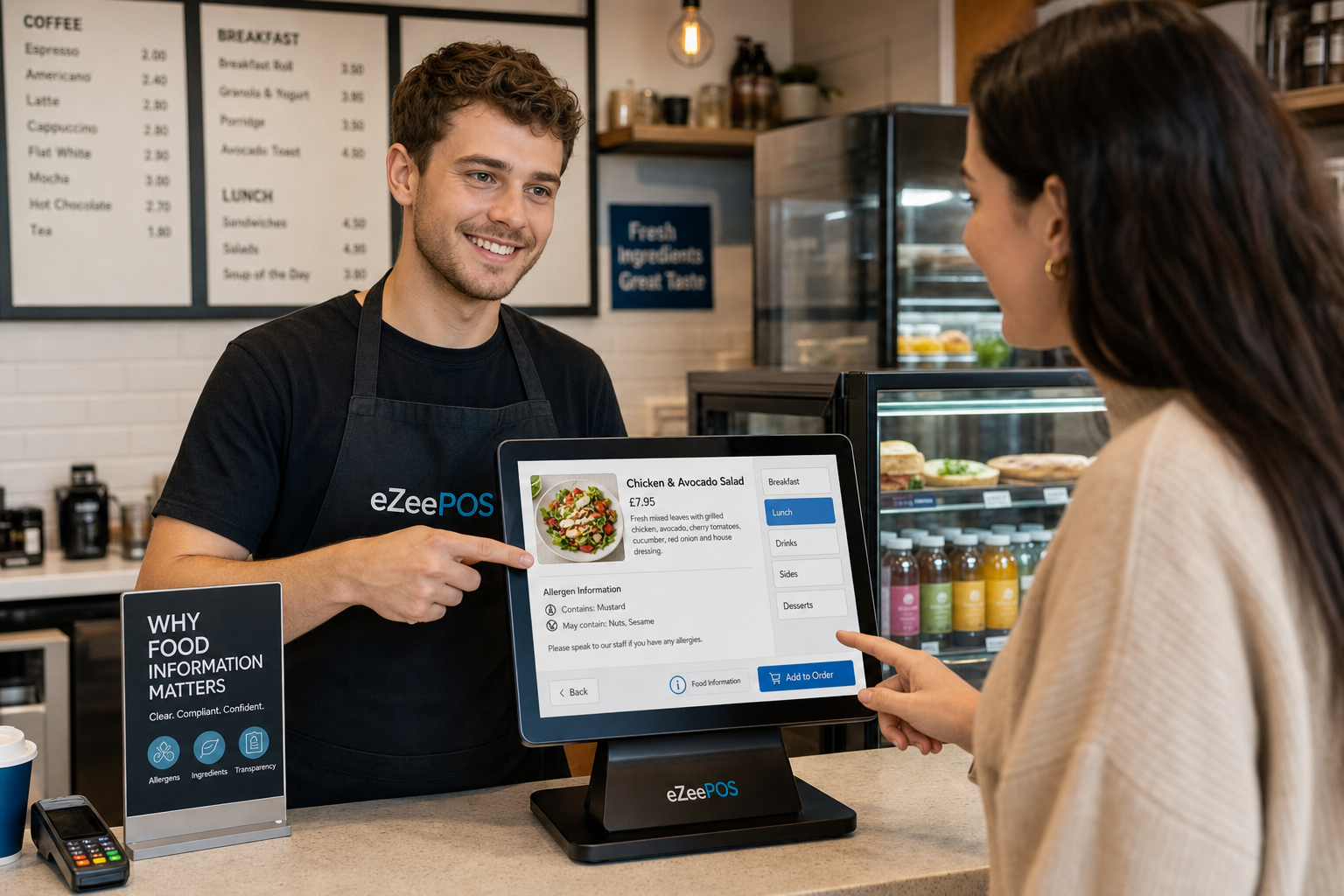Why Food Information Matters in EPOS for Cafes, Restaurants and Takeaways, photorealistic commercial photography style in a warm modern UK cafe or takeaway counter, a friendly staff member using a sleek eZeePOS-style touchscreen POS terminal while a customer asks about menu details, the screen clearly showing food item information, allergen notes and simple menu options with subtle blue brand accents, clean counter area, realistic drinks and food display in the background, natural lighting, shallow depth of field, premium but realistic composition, professional hospitality workflow, the technology and food information on the POS screen are the focus, suitable as a WordPress featured image for an ezeepos blog post