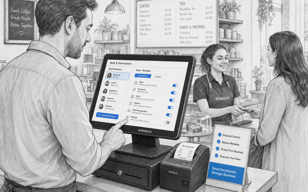 Why Staff Permissions Matter in Retail and Hospitality EPOS Systems - Create a detailed black-and-white pencil and ink editorial blog illustration of a realistic UK cafe or independent shop counter where a manager is reviewing staff access settings on a modern touchscreen EPOS terminal while a team member serves a customer nearby, showing clear role-based permissions on the screen with subtle blue accent details on buttons, user profiles, and small interface elements, a receipt printer and cash drawer visible on the clean counter, friendly professional atmosphere, warm modern UK business environment, shallow depth of field, natural lighting, premium but realistic composition, clean hand-drawn linework with light shading, ezeepos-style POS terminal clearly visible, focus on practical control, training and reduced checkout mistakes, suitable as a WordPress featured image, avoid photorealism, avoid cartoon style, avoid clutter, avoid abstract tech backgrounds and unrelated scenery.