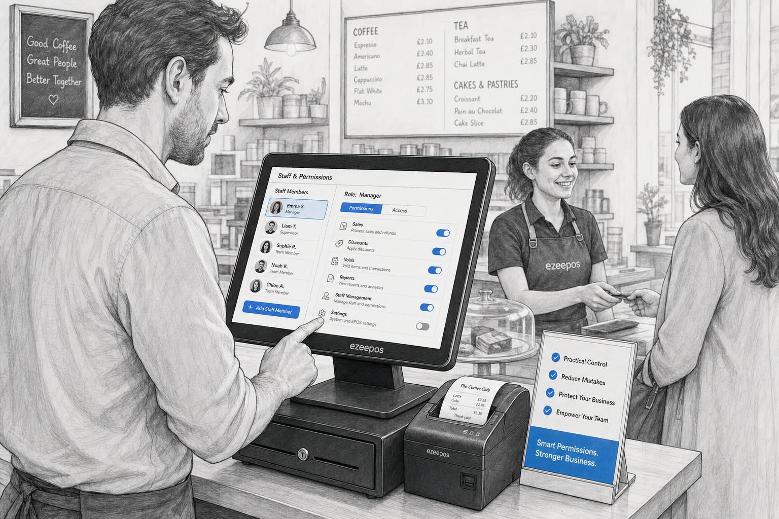 Why Staff Permissions Matter in Retail and Hospitality EPOS Systems - Create a detailed black-and-white pencil and ink editorial blog illustration of a realistic UK cafe or independent shop counter where a manager is reviewing staff access settings on a modern touchscreen EPOS terminal while a team member serves a customer nearby, showing clear role-based permissions on the screen with subtle blue accent details on buttons, user profiles, and small interface elements, a receipt printer and cash drawer visible on the clean counter, friendly professional atmosphere, warm modern UK business environment, shallow depth of field, natural lighting, premium but realistic composition, clean hand-drawn linework with light shading, ezeepos-style POS terminal clearly visible, focus on practical control, training and reduced checkout mistakes, suitable as a WordPress featured image, avoid photorealism, avoid cartoon style, avoid clutter, avoid abstract tech backgrounds and unrelated scenery.