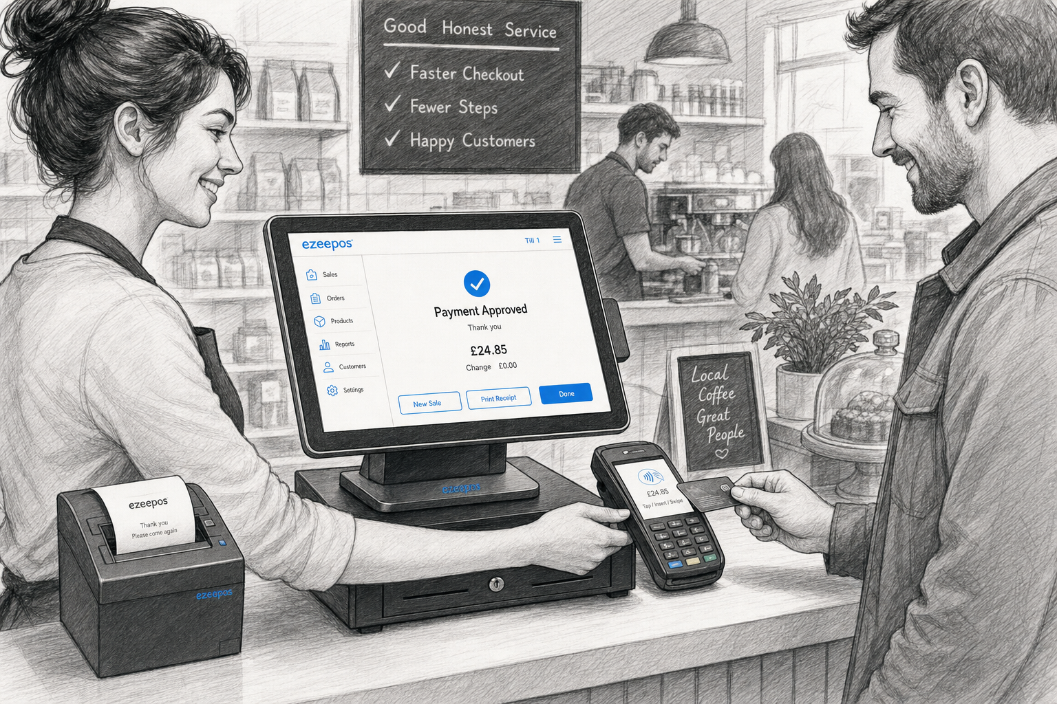 Integrated Card Payments for Busy Counters: Why Faster Checkout Matters. Create a detailed black-and-white pencil and ink editorial blog illustration of a realistic UK retail or hospitality counter during a busy service moment, showing a friendly staff member using a modern touchscreen EPOS terminal with a card payment terminal beside it, a receipt printer, a cash drawer, and a customer paying at the till. The screen should show a simple payment confirmation and subtle blue accent details on the interface, buttons and small highlights only. The setting should feel like a warm, modern independent UK shop or cafe with a clean counter, shallow depth of field, natural lighting and premium but realistic composition. The image should visually communicate faster checkout, fewer manual steps and smoother service, with the EPOS screen and payment terminal as the focus. Use clean hand-drawn linework, light shading and a professional business feel, suitable as a WordPress featured image for ezeepos, avoiding photorealism, cartoon styling, cluttered backgrounds, unrelated scenery or exaggerated futuristic devices.