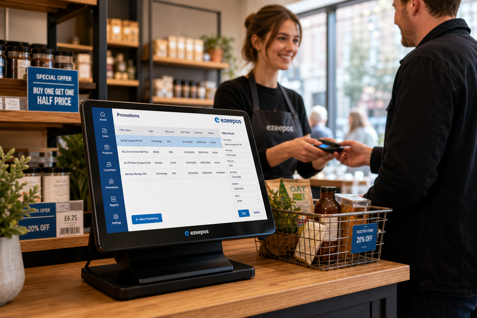 Promotions and Discounts: How EPOS Helps UK Retailers Keep Offers Clear and Consistent, photorealistic commercial photography style, a warm modern UK independent retail shop counter with a touchscreen EPOS till in the foreground showing a clear promotions screen with blue brand accents, a staff member serving a customer while a small basket of discounted products and shelf-edge offer labels are visible nearby, realistic pricing and offer signage without large readable text, clean counter area, subtle business activity in the background, natural daylight, shallow depth of field, premium but realistic composition, the EPOS screen is the focal point, professional blog hero image for ezeepos, friendly and trustworthy mood, sharp detail on the terminal and transaction area, suitable for a WordPress featured image