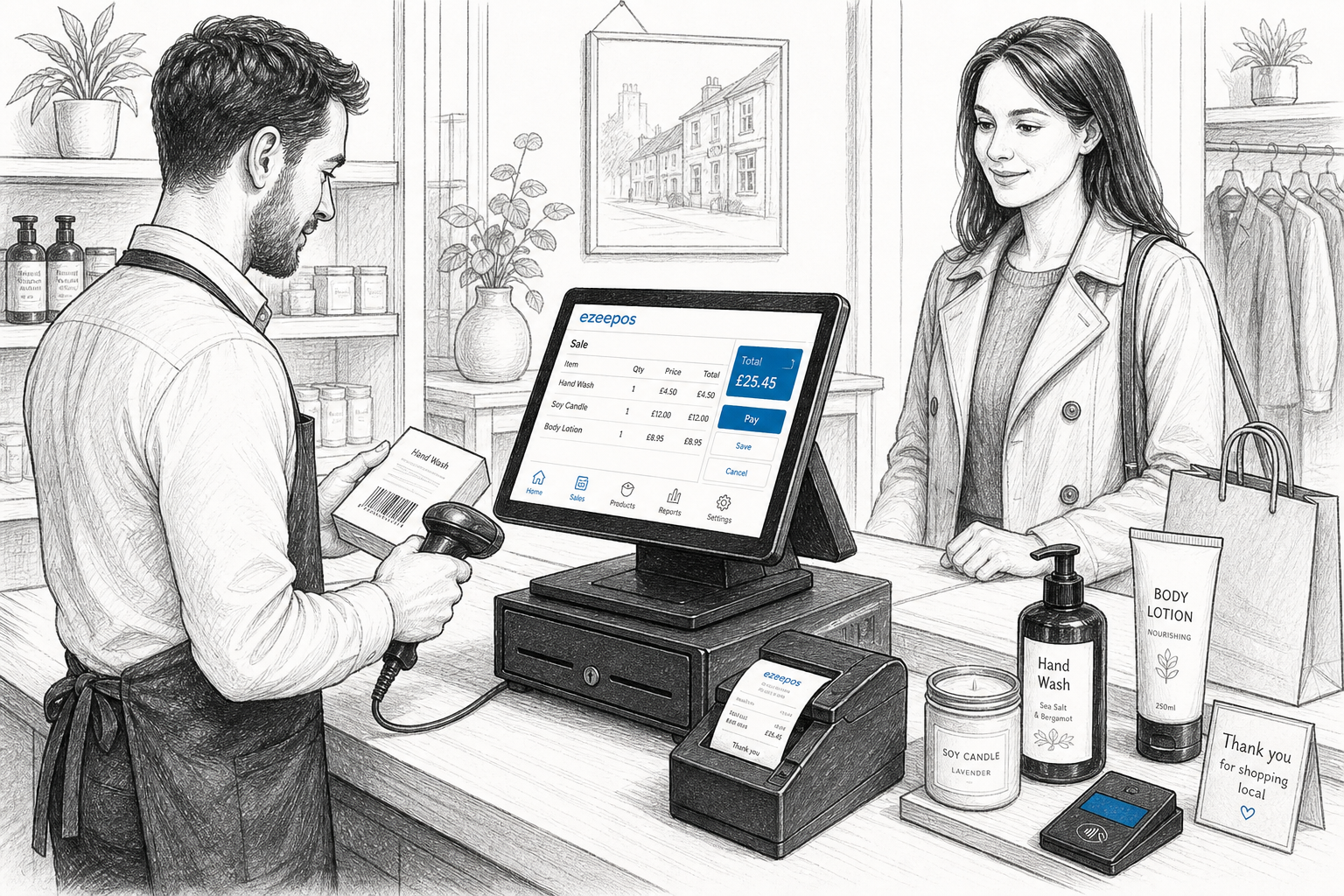 Barcode Scanning for Faster Retail Checkouts, a realistic UK independent retail shop counter scene showing a staff member scanning product barcodes at a modern touchscreen till with a handheld barcode scanner, receipt printer, cash drawer and a neat display of mixed retail products nearby, with a customer waiting calmly at the counter, warm natural lighting, shallow depth of field, professional business feel, realistic marketing-style featured image for an ezeepos blog post, clean hand-drawn black-and-white pencil and ink editorial illustration with light shading, subtle blue accent details only on the till screen interface and small checkout elements, premium but realistic composition, clean counter area, focused on fast checkout technology and everyday retail service, no photorealism, no cartoon style, no cluttered background, no oversized signage, no futuristic devices