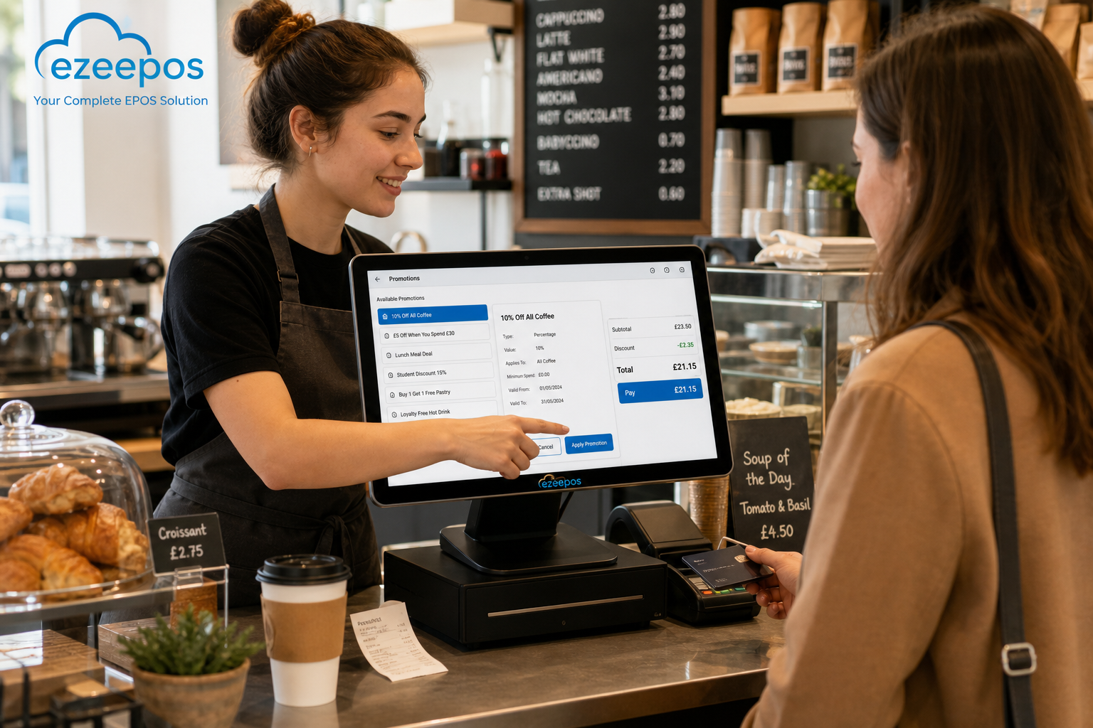 Promotions and Discounts in EPOS: A Smarter Way to Run Offers in UK Shops and Hospitality, photorealistic commercial photography style of a warm modern UK café or independent retail shop counter with a clear EPOS touchscreen till showing a simple promotions screen, a staff member applying a discount while serving a customer, subtle blue brand accents on the interface, clean counter area, realistic product displays and receipts, natural morning light, shallow depth of field, premium but realistic composition, professional website hero image for ezeepos, technology-focused scene that clearly shows how promotions and discounts are managed at the till, friendly and busy but organised atmosphere, suitable for a WordPress featured image