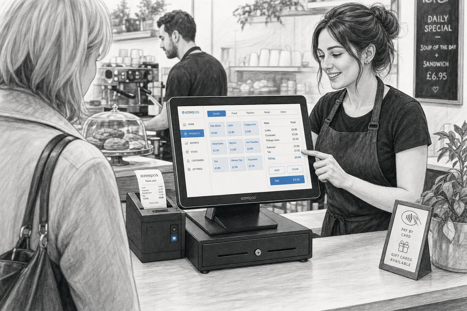 Choosing the Right Touchscreen Till for a Busy Counter, a realistic UK retail and hospitality featured image shown as a detailed black-and-white pencil and ink editorial illustration with subtle blue accent details only on the touchscreen interface and small buttons. Scene: a warm modern UK cafe or small retail counter during a busy service moment, with a friendly staff member using a sleek touchscreen till beside a receipt printer and cash drawer, a customer waiting nearby, and a clean counter layout that feels practical and organised. The touchscreen display should be the focal point, showing a simple EPOS menu with clear blue highlighted sections and a tidy interface. Use clean hand-drawn linework, light shading, shallow depth of field, natural lighting, premium but realistic composition, and a professional business feel suitable for an ezeepos blog hero image. Avoid photorealism, clutter, cartoon styling, futuristic devices, and unrelated scenery; keep the technology and counter workflow central to the scene.