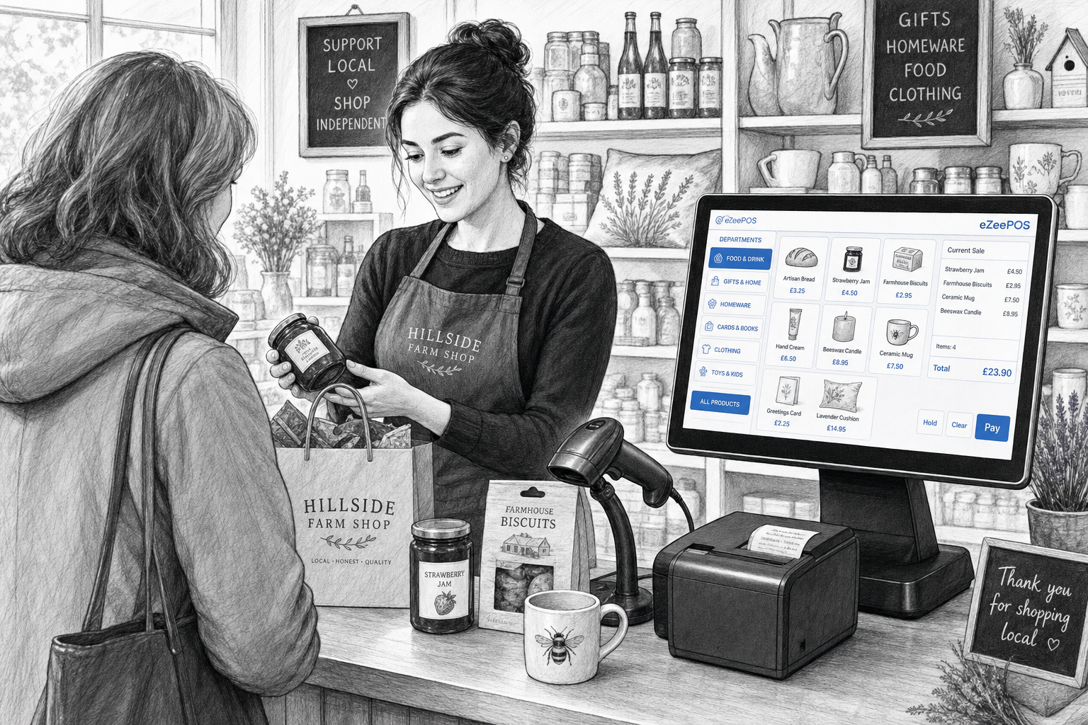 Why Multi-Department Retail EPOS Matters for Shops with Mixed Product Ranges. Create a detailed black-and-white pencil and ink editorial blog illustration showing a realistic UK mixed-product retail shop, such as a farm shop or gift shop, with a clean counter area and a modern eZeePOS-style touchscreen till visible to the side. A shop owner or staff member is serving a customer while selecting products from different on-screen departments, with subtle blue accent details only on the screen interface, category buttons and small pricing elements. Include a barcode scanner, receipt printer and neatly arranged mixed products such as food items, gifts and homeware in the background. The image should feel warm, modern and professional, with shallow depth of field, natural lighting, clean hand-drawn linework and light shading, like a premium WordPress featured image for a UK EPOS blog. Keep the focus on the technology helping a busy independent retailer stay organised, avoid photorealism, avoid cartoon styling, and use only a few tasteful blue brand accents on the till screen and small UI highlights.