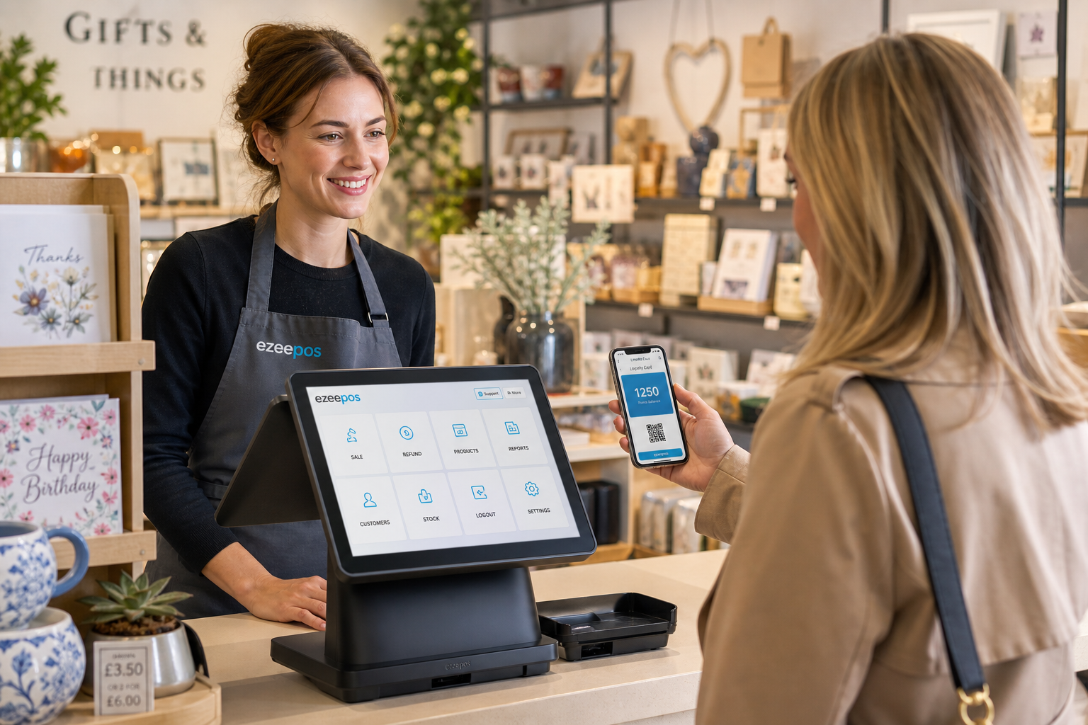 Customer Loyalty Ideas for Gift Shops: Simple Ways to Encourage Repeat Visits - Photorealistic commercial photography of a stylish UK gift shop counter with a modern EPOS touchscreen till in the foreground, a friendly staff member serving a returning customer who is holding a smartphone showing a digital loyalty card or rewards points screen with subtle blue accents, neatly displayed gift items and greeting cards around the counter, warm natural shop lighting, clean counter area, shallow depth of field, premium realistic composition, clear focus on the POS screen and customer engagement technology, professional marketing-style blog hero image for ezeepos, realistic British retail environment, calm and welcoming atmosphere.