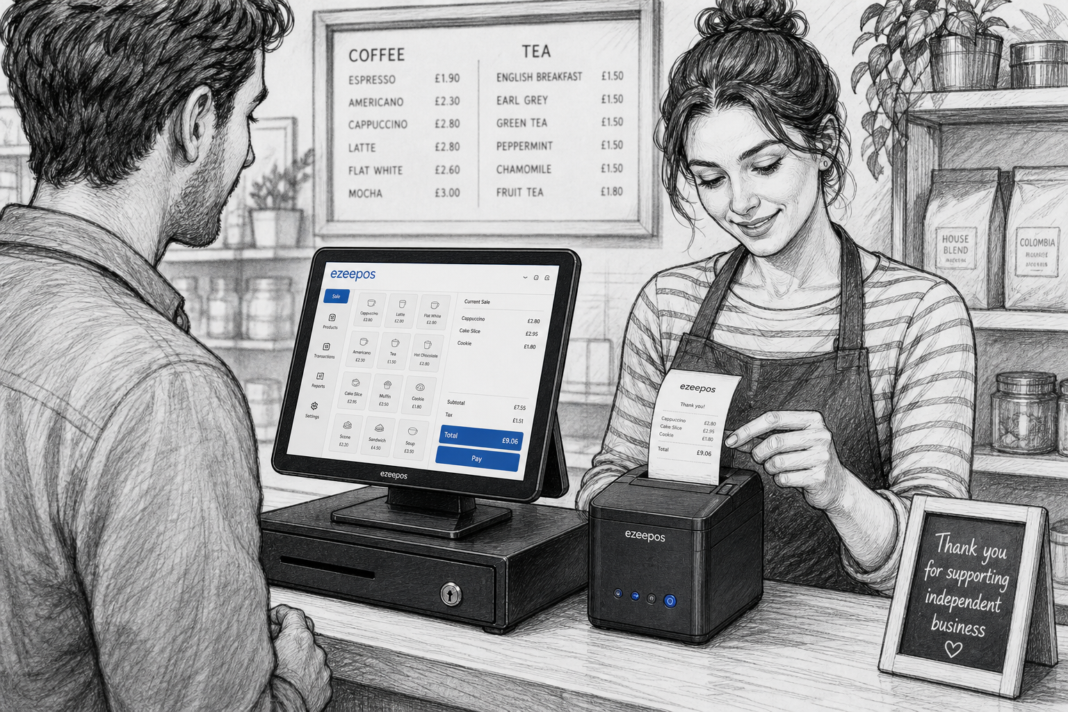 Choosing the Right Receipt Printer for Your EPOS Setup, a realistic UK retail or hospitality counter scene for a WordPress featured image, shown as a detailed black-and-white pencil and ink editorial blog illustration with clean hand-drawn linework and light shading, a modern compact EPOS touchscreen till beside a visible receipt printer and cash drawer on a tidy counter, subtle blue accent details only on the screen interface and small button lights, a friendly shop or cafe owner examining the printer while serving a customer in a warm modern British business environment, shallow depth of field, natural lighting, premium realistic composition, professional website hero image style for ezeepos, practical and uncluttered, focus on the hardware and checkout workflow rather than scenery, suitable for independent UK retail and hospitality businesses