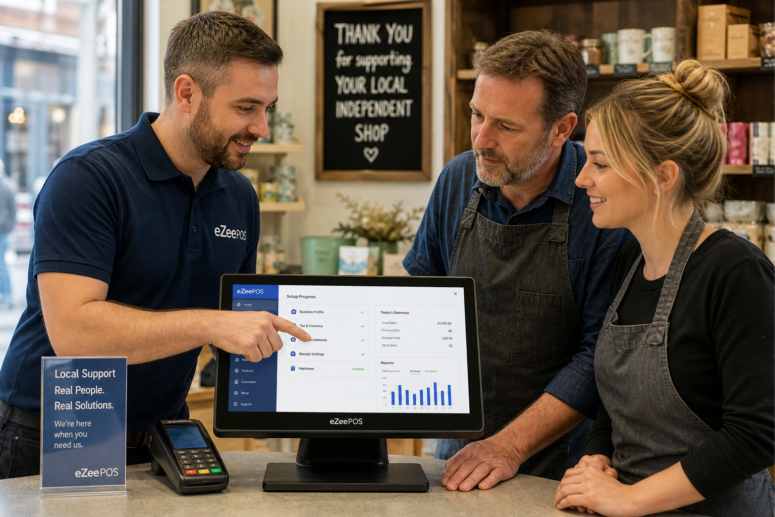 Why Local EPOS Support Still Matters for Independent Retailers, realistic photorealistic commercial photography style hero image for a UK independent retail shop counter with a friendly eZeePOS-style touchscreen POS terminal clearly visible, a support specialist in a smart branded polo shirt helping a shop owner and staff member review the till screen, clean modern counter area with subtle blue brand accents on the interface, the screen showing simple setup and reporting elements without overcrowding, a small retail environment such as a convenience store or gift shop in warm natural lighting, shallow depth of field, premium but realistic composition, professional website blog image, technology focus, calm helpful mood, no generic office meeting, no abstract background, no cartoon style, no distorted logos, suitable for a WordPress featured image