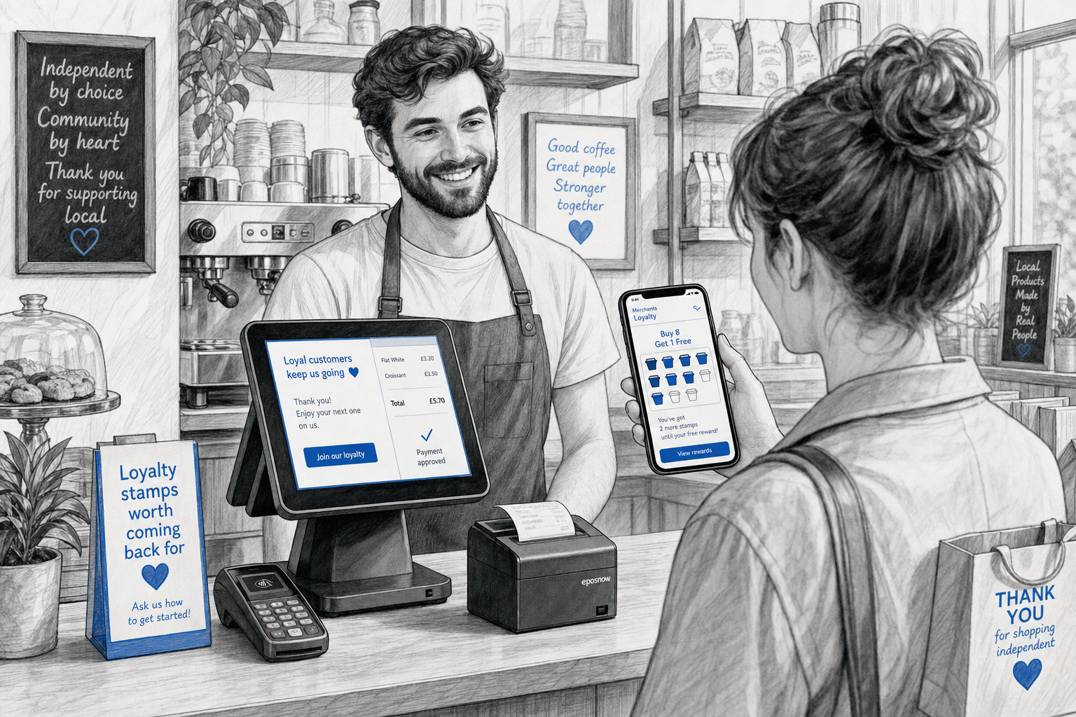 How Loyalty Stamps Can Help Independent Cafes and Shops Encourage Repeat Visits - A realistic UK cafe and small shop counter scene shown as a detailed black-and-white pencil and ink editorial blog illustration, with clean hand-drawn linework, light shading and subtle blue accent details only on the touchscreen EPOS terminal, loyalty interface and small signage. A friendly barista and a customer stand at a tidy counter while the customer holds a smartphone showing a digital loyalty wallet with stamps or points visible, alongside a modern touchscreen till, receipt printer and card terminal. The setting should feel warm, professional and practical, with shallow depth of field, natural lighting, a premium but realistic composition and a clear focus on customer engagement technology that matches the blog topic about encouraging repeat visits through loyalty stamps in an independent UK business.