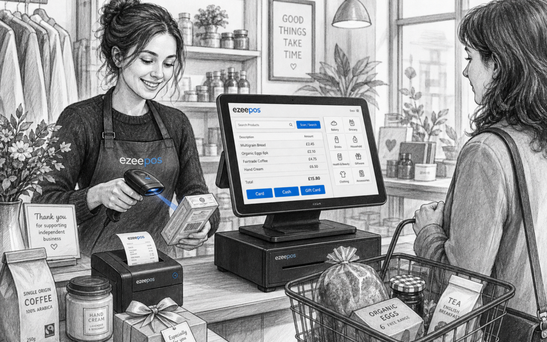 Barcode Scanning for Faster Retail Checkouts - Create a detailed black-and-white pencil and ink editorial blog illustration of a realistic UK independent retail shop counter during a busy checkout, with a friendly staff member scanning product barcodes at a modern touchscreen EPOS till, a compact receipt printer and cash drawer nearby, and a customer waiting with a small basket of goods; show the till screen with subtle blue accent details on the interface, barcode scanner beam and small buttons, and include realistic retail products such as groceries, gift items or clothing accessories neatly arranged on the counter; warm modern professional business environment, shallow depth of field, natural lighting, clean counter area, premium but realistic composition, ezeepos-style POS terminal clearly visible, technology as the focus, no photorealism, no colourful cartoon style, no cluttered background, suitable as a WordPress featured image for a UK EPOS blog post.