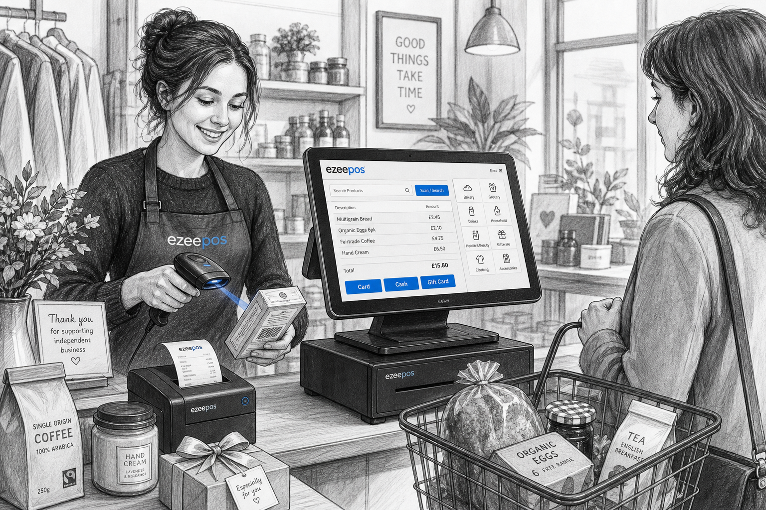 Barcode Scanning for Faster Retail Checkouts - Create a detailed black-and-white pencil and ink editorial blog illustration of a realistic UK independent retail shop counter during a busy checkout, with a friendly staff member scanning product barcodes at a modern touchscreen EPOS till, a compact receipt printer and cash drawer nearby, and a customer waiting with a small basket of goods; show the till screen with subtle blue accent details on the interface, barcode scanner beam and small buttons, and include realistic retail products such as groceries, gift items or clothing accessories neatly arranged on the counter; warm modern professional business environment, shallow depth of field, natural lighting, clean counter area, premium but realistic composition, ezeepos-style POS terminal clearly visible, technology as the focus, no photorealism, no colourful cartoon style, no cluttered background, suitable as a WordPress featured image for a UK EPOS blog post.