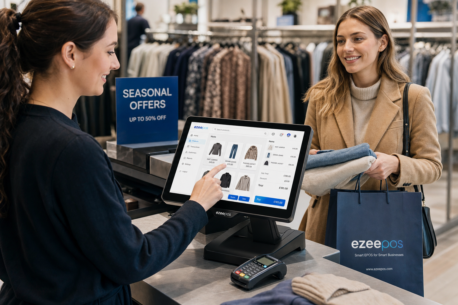 Why Fashion and Clothing Shops Need a Better EPOS Setup for Seasonal Trading: a realistic photorealistic marketing-style image of a modern UK fashion and clothing shop counter during a busy seasonal shopping period, with a friendly staff member using a stylish ezeepos-style touchscreen POS terminal while serving a customer holding folded clothing and a shopping bag; a clear EPOS screen showing product lookup, item listing, and sale items in subtle blue interface accents; neatly arranged rails of clothing softly blurred in the background; warm natural lighting, shallow depth of field, clean counter area, premium but realistic composition, professional commercial photography style, subtle blue brand accents in signage and screen elements, the technology and checkout workflow clearly the focus, suitable as a WordPress featured image for an ezeepos blog post