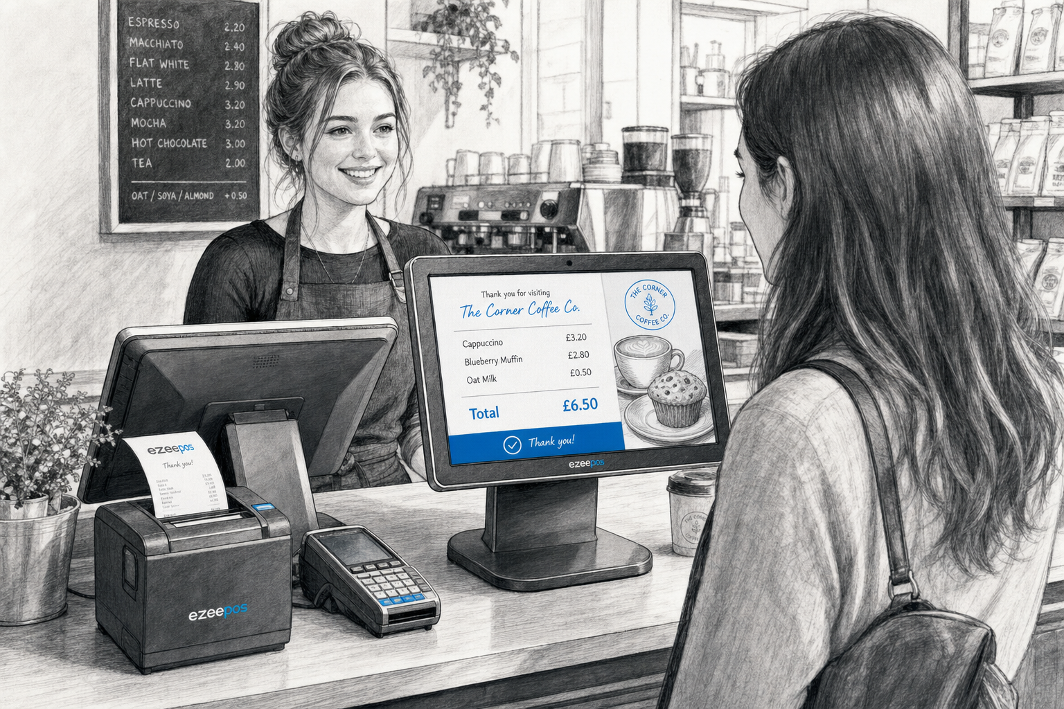 Why Customer-Facing Displays Can Improve Checkout Clarity in Retail and Hospitality. Create a detailed black-and-white pencil and ink editorial blog illustration showing a realistic UK cafe or small retail counter with a modern touchscreen EPOS terminal and a clearly visible customer-facing display screen showing an order total, item list and subtle blue interface accents. Include a friendly staff member behind the counter and a customer viewing the display, with a receipt printer and card terminal nearby, in a warm modern UK business setting with clean counter space and professional service atmosphere. Use realistic hand-drawn linework, light shading, shallow depth of field, natural lighting and premium composition, with subtle blue accents only on screen elements, buttons and small interface details. The scene should feel like a custom ezeepos blog hero image focused on checkout clarity, transparency and smoother service, suitable for a WordPress featured image, and avoid photorealism, clutter, cartoon styling, futuristic devices or unrelated scenery.