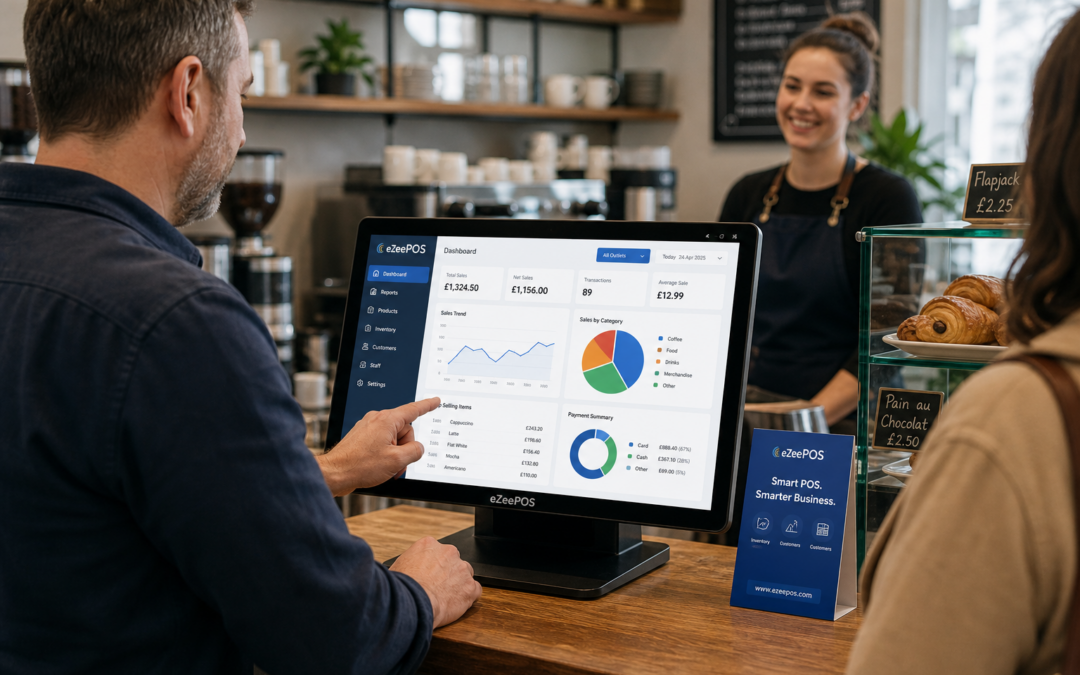 How Better Reporting Helps Small Businesses Make Smarter Decisions with EPOS: photorealistic commercial photography style image of a warm, modern UK café or independent retail shop counter where a business owner is reviewing clear sales reporting charts on an eZeePOS-style touchscreen POS terminal or tablet, with a friendly staff member in the background and a customer nearby, subtle blue brand accents on the screen interface and small signage, clean counter area, realistic till setup, shallow depth of field, natural lighting, premium but practical composition, the technology and reporting dashboard clearly visible as the focus, professional blog hero image for an ezeepos website, realistic UK business environment, calm confident mood, sharp detail, not staged, not cartoonish, suitable as a WordPress featured image.