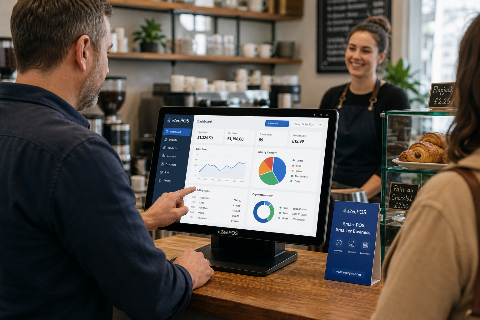 How Better Reporting Helps Small Businesses Make Smarter Decisions with EPOS: photorealistic commercial photography style image of a warm, modern UK café or independent retail shop counter where a business owner is reviewing clear sales reporting charts on an eZeePOS-style touchscreen POS terminal or tablet, with a friendly staff member in the background and a customer nearby, subtle blue brand accents on the screen interface and small signage, clean counter area, realistic till setup, shallow depth of field, natural lighting, premium but practical composition, the technology and reporting dashboard clearly visible as the focus, professional blog hero image for an ezeepos website, realistic UK business environment, calm confident mood, sharp detail, not staged, not cartoonish, suitable as a WordPress featured image.
