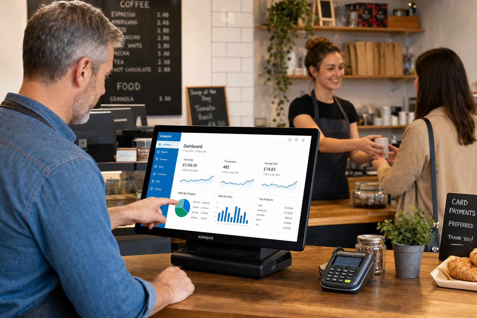How Better Reporting Helps Small UK Businesses Make Smarter Decisions realistic photorealistic commercial photography of a UK independent cafe or retail shop counter with a modern ezeepos-style touchscreen POS terminal showing clean sales dashboard charts, a business owner reviewing daily performance figures on the screen while a staff member serves a customer in the background, subtle blue interface accents, tidy counter area, warm natural lighting, shallow depth of field, premium but realistic composition, professional blog hero image style, the technology and reporting screen clearly visible as the focus, suitable for a WordPress featured image, modern British small business environment, friendly and practical atmosphere.