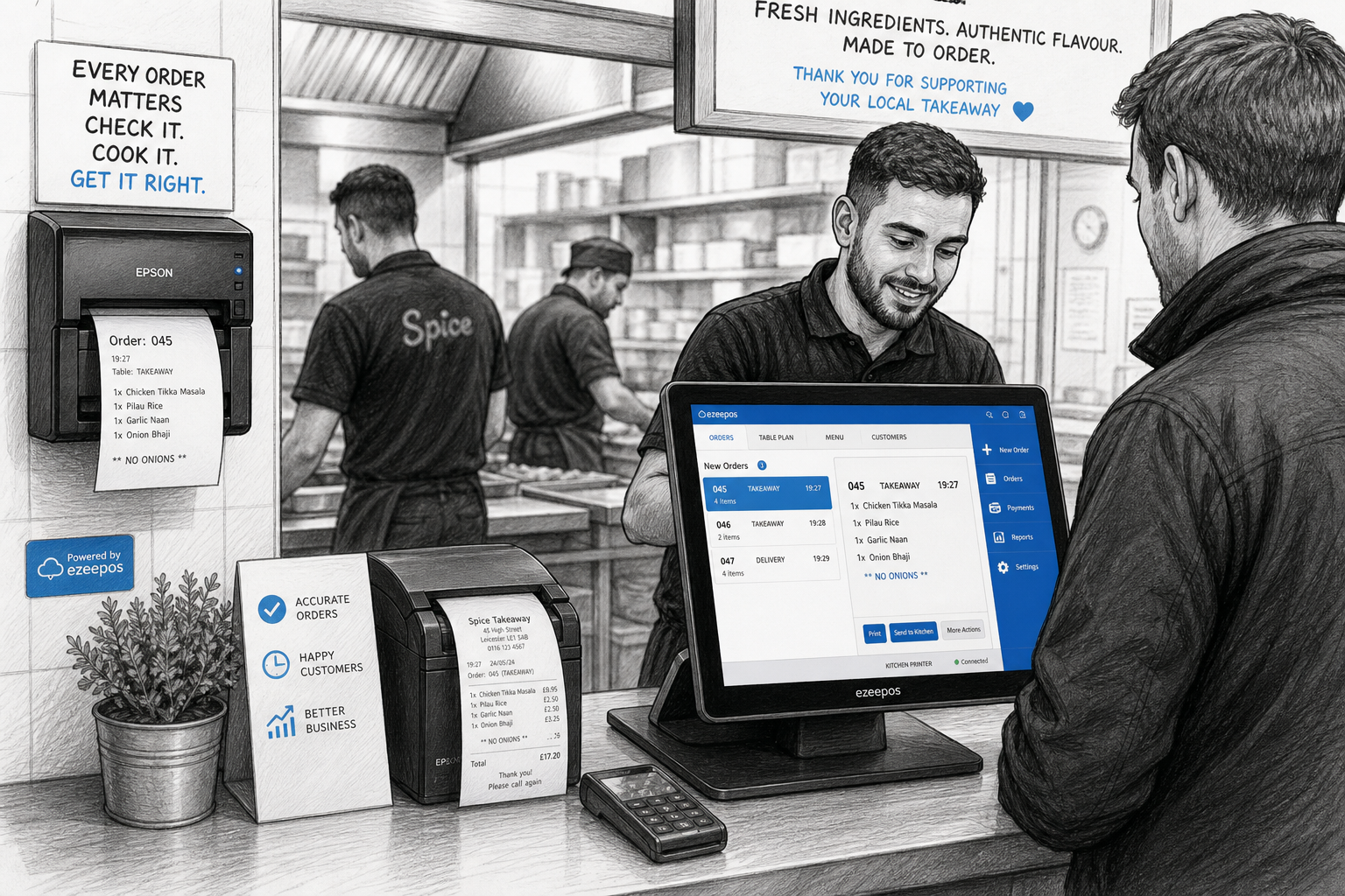 Kitchen Printing for Busy Takeaways: Why Order Accuracy Matters. Create a realistic UK takeaway counter and kitchen service scene showing a busy independent takeaway during evening service, with a modern touchscreen EPOS till at the counter sending printed orders to a kitchen printer visible in the background, clear paper tickets, a receipt printer, counter clutter kept minimal, and staff focused on order handling and food prep. Include subtle blue accent details on the screen interface and small signage elements, with a customer at the counter and a friendly but busy atmosphere. Use a detailed black-and-white pencil and ink editorial blog illustration style with clean hand-drawn linework, light shading, shallow depth of field, natural lighting, premium but realistic composition, and a professional warm UK business feel. The technology should be the focus of the image, not random scenery, and the scene should feel like a custom featured image for an ezeepos blog post about improving order accuracy through kitchen printing.