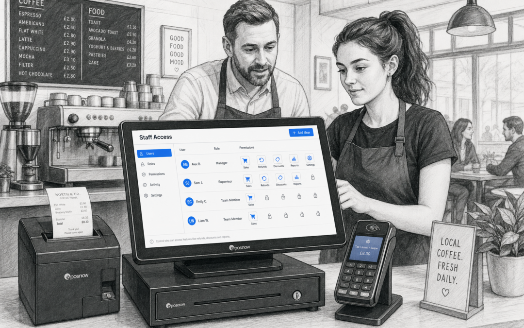 Why Staff Permissions Matter in Busy EPOS Setups - Create a detailed black-and-white pencil and ink editorial blog illustration showing a realistic UK cafe or independent retail counter during a busy trading period, with a modern touchscreen EPOS till in the foreground displaying simple user access icons and permission levels in subtle blue accent details on the screen. Include a manager standing beside a team member at the till, both looking focused and professional, with a receipt printer, cash drawer and card terminal visible on a clean, organised counter. The scene should feel warm, modern and practical, with shallow depth of field, natural lighting, clean hand-drawn linework, light shading and a premium business feel. The technology should be the focus, with the EPOS interface suggesting staff login control, refunds, discounts and report access, while the background remains a realistic UK hospitality or retail setting with minimal clutter and subtle blue highlights only on the screen and small interface elements.
