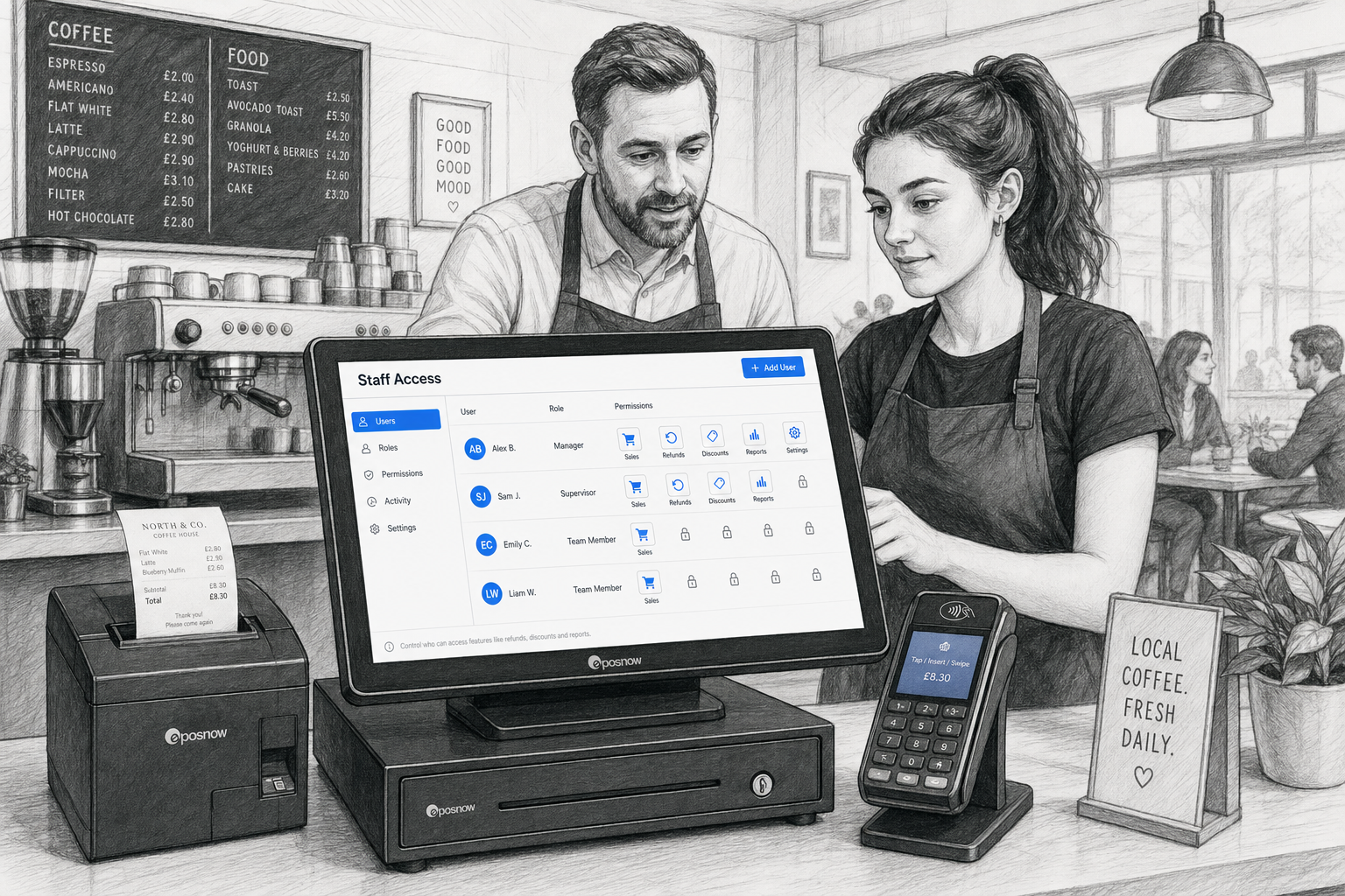 Why Staff Permissions Matter in Busy EPOS Setups - Create a detailed black-and-white pencil and ink editorial blog illustration showing a realistic UK cafe or independent retail counter during a busy trading period, with a modern touchscreen EPOS till in the foreground displaying simple user access icons and permission levels in subtle blue accent details on the screen. Include a manager standing beside a team member at the till, both looking focused and professional, with a receipt printer, cash drawer and card terminal visible on a clean, organised counter. The scene should feel warm, modern and practical, with shallow depth of field, natural lighting, clean hand-drawn linework, light shading and a premium business feel. The technology should be the focus, with the EPOS interface suggesting staff login control, refunds, discounts and report access, while the background remains a realistic UK hospitality or retail setting with minimal clutter and subtle blue highlights only on the screen and small interface elements.