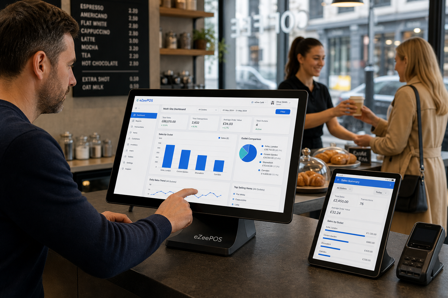 Why Multi-Site Reporting Matters for Growing Retail and Hospitality Businesses, a photorealistic commercial photography style image of a UK business owner in a modern independent café or retail shop reviewing multi-site sales dashboards on a sleek eZeePOS-style touchscreen POS terminal and tablet at the counter, with subtle blue interface accents showing branch sales charts, daily totals and location comparisons, a friendly staff member serving a customer in the softly blurred background, warm natural lighting, clean counter area, shallow depth of field, premium but realistic composition, professional countryside-not-included urban UK retail/hospitality setting, the technology clearly the focus of the scene, suitable as a WordPress featured image for ezeepos.