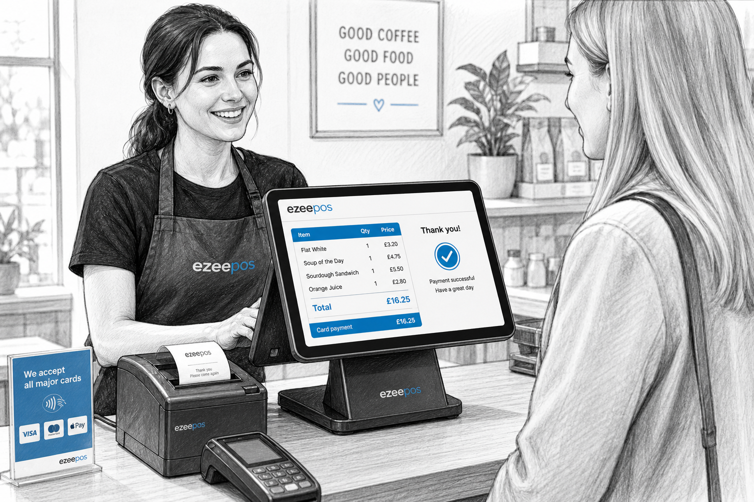 Why Customer Facing Displays Improve Checkout Clarity in Retail and Hospitality - A realistic UK retail and hospitality counter scene in a warm modern shop or cafe, shown as a detailed black-and-white pencil and ink editorial blog illustration with clean hand-drawn linework, light shading and subtle blue accent details on the customer-facing display screen and small interface elements. A friendly staff member is serving a customer at a modern touchscreen EPOS till with a customer-facing display clearly showing the itemised basket, total and confirmation message, alongside a receipt printer and card terminal on a tidy counter. The setting should feel like a professional UK independent business, with shallow depth of field, natural lighting and a premium but realistic composition, highlighting how the screen improves checkout clarity, reduces confusion and supports smoother service. Include subtle ezeepos-style blue accents on the screen UI and small signage, keep the background clean and uncluttered, and make the technology the focal point rather than the decor.