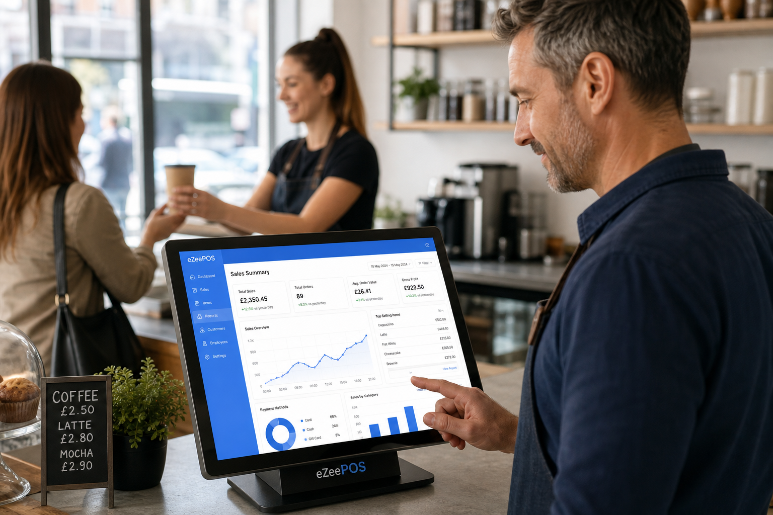 How EPOS reporting helps small businesses make better daily decisions. A realistic photorealistic UK café or independent retail shop interior with a clean modern counter, a friendly owner reviewing clear sales charts and summary data on an eZeePOS-style touchscreen POS terminal or tablet, with subtle blue interface accents visible on the screen. A staff member serves a customer in the softly blurred background, reinforcing busy everyday trading. Natural window light, shallow depth of field, warm professional commercial photography style, premium but realistic composition, tidy counter area, no clutter, focused on practical business reporting and decision-making, suitable as a WordPress featured image for ezeepos.