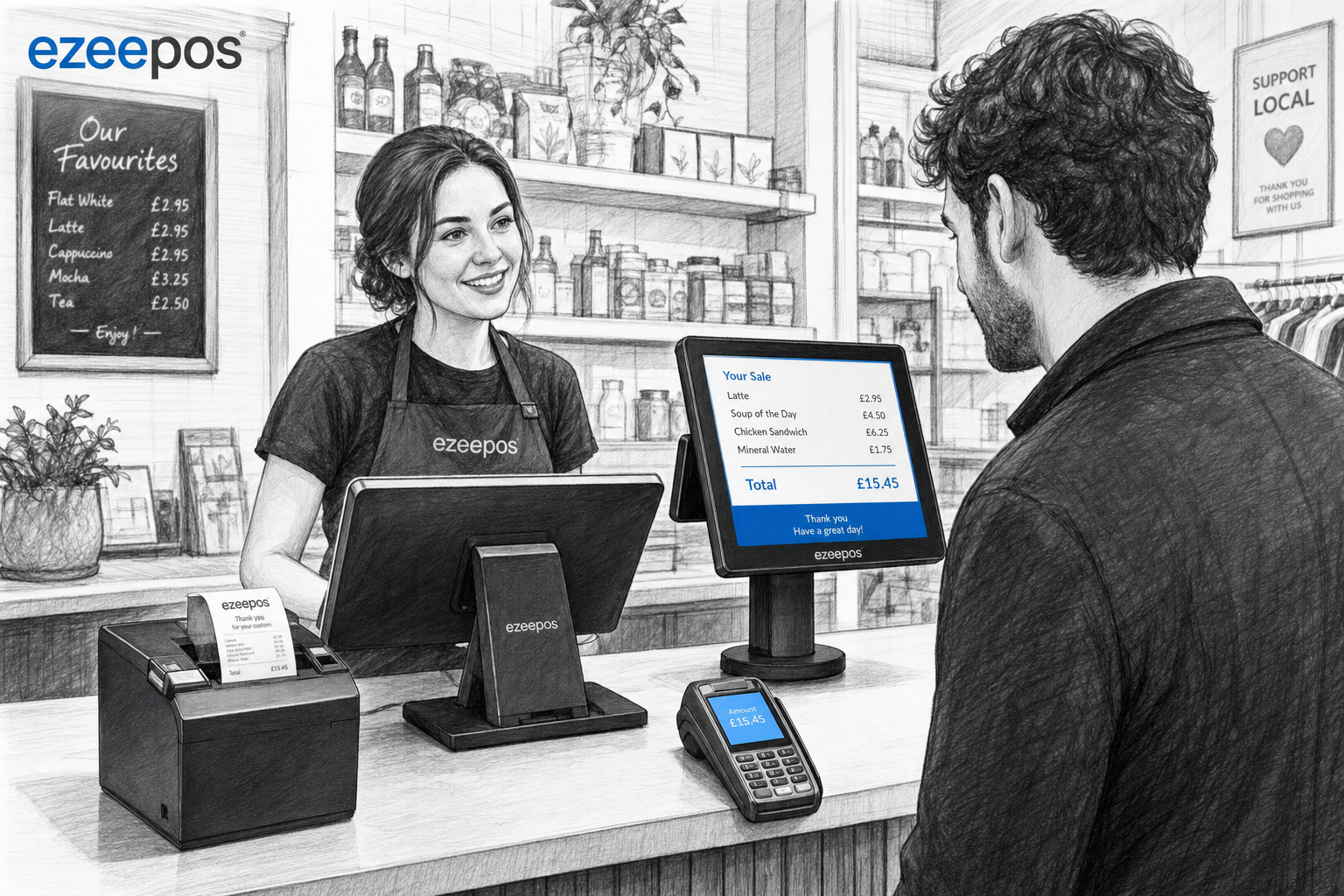 Customer-Facing Displays for Clearer Checkouts in Retail and Hospitality - a realistic UK retail and hospitality counter scene shown as a detailed black-and-white pencil and ink editorial blog illustration, featuring a modern touchscreen EPOS till with a clearly visible customer-facing display showing itemised sale details and totals in subtle blue accent interface elements, alongside a receipt printer and card terminal on a clean counter; a friendly shop or cafe staff member serves a customer who is viewing the customer display, with a warm modern British high-street interior, shallow depth of field, natural lighting, premium professional composition, clean counter area, subtle blue accents only on screens and UI elements, realistic business atmosphere, no photorealism, no cartoon style, designed as a WordPress featured image for ezeepos