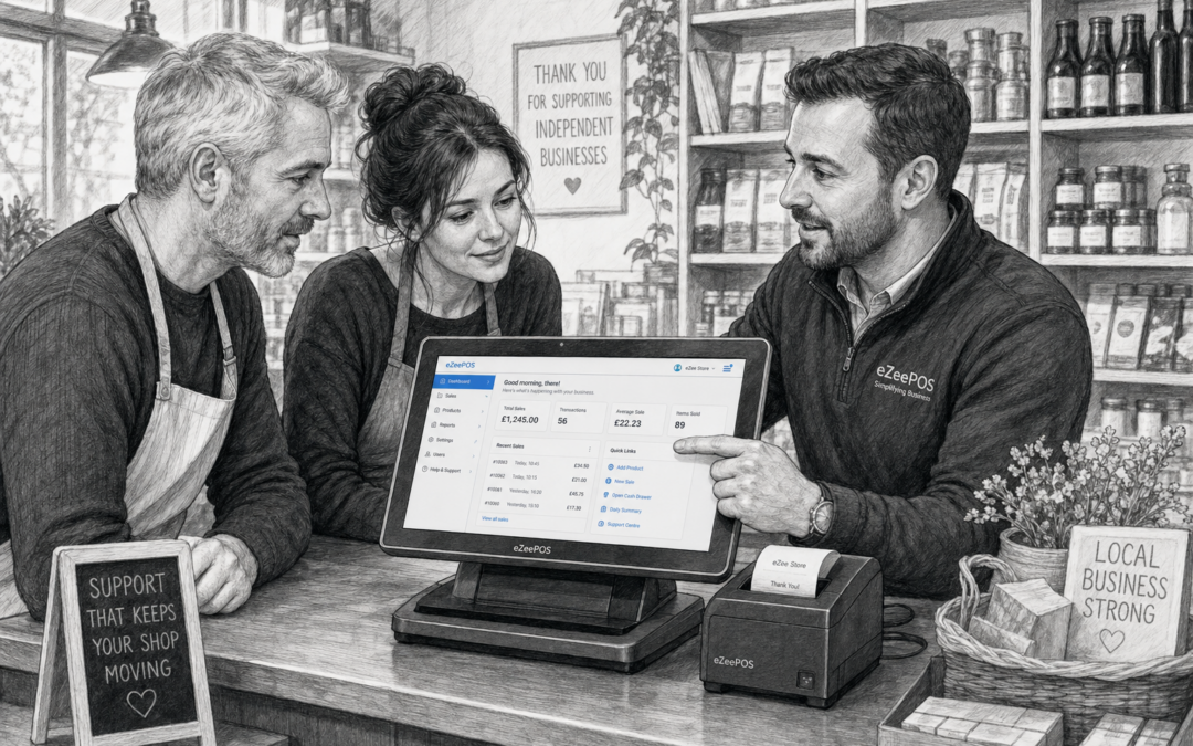 Why Local EPOS Support Still Matters for Independent Retailers — Create a detailed black-and-white pencil and ink editorial blog illustration of a warm, modern UK independent retail shop counter where a friendly EPOS specialist is calmly helping a shop owner and staff member with a touchscreen till and receipt printer, showing a practical support conversation rather than a sales demo, with the EPOS screen displaying subtle blue-accent interface elements such as a simple help dashboard, settings panel or sales summary, realistic retail shelving in the background, clean counter area, natural lighting, shallow depth of field, premium professional composition, the technology clearly as the focus, no photorealism, no cartoon style, no futuristic devices, and a business feeling that matches a helpful WordPress featured image for eZeePOS.