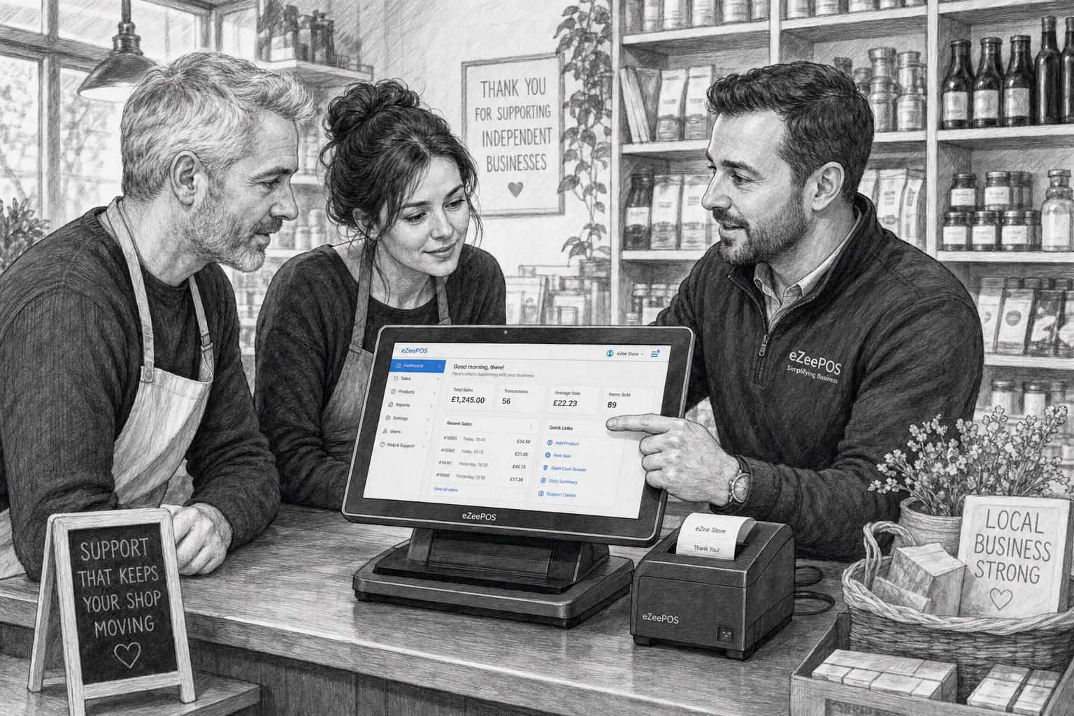 Why Local EPOS Support Still Matters for Independent Retailers — Create a detailed black-and-white pencil and ink editorial blog illustration of a warm, modern UK independent retail shop counter where a friendly EPOS specialist is calmly helping a shop owner and staff member with a touchscreen till and receipt printer, showing a practical support conversation rather than a sales demo, with the EPOS screen displaying subtle blue-accent interface elements such as a simple help dashboard, settings panel or sales summary, realistic retail shelving in the background, clean counter area, natural lighting, shallow depth of field, premium professional composition, the technology clearly as the focus, no photorealism, no cartoon style, no futuristic devices, and a business feeling that matches a helpful WordPress featured image for eZeePOS.