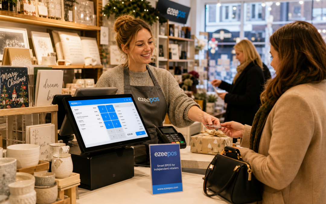 Why Independent Gift Shops Need a Better EPOS Setup for Seasonal Trading: a photorealistic commercial photography style image of an independent UK gift shop counter during a busy seasonal trading period, with a modern touchscreen EPOS terminal clearly visible beside neatly displayed gift items, cards and small homeware products, a friendly shop assistant serving a customer, subtle blue brand accents on the screen interface and signage, a customer browsing while the till team processes a sale efficiently, clean counter space, warm natural lighting, shallow depth of field, premium but realistic composition, professional website hero image for ezeepos, realistic retail environment, technology as the focal point, UK high street feel, calm yet busy atmosphere, suitable for a WordPress featured image.