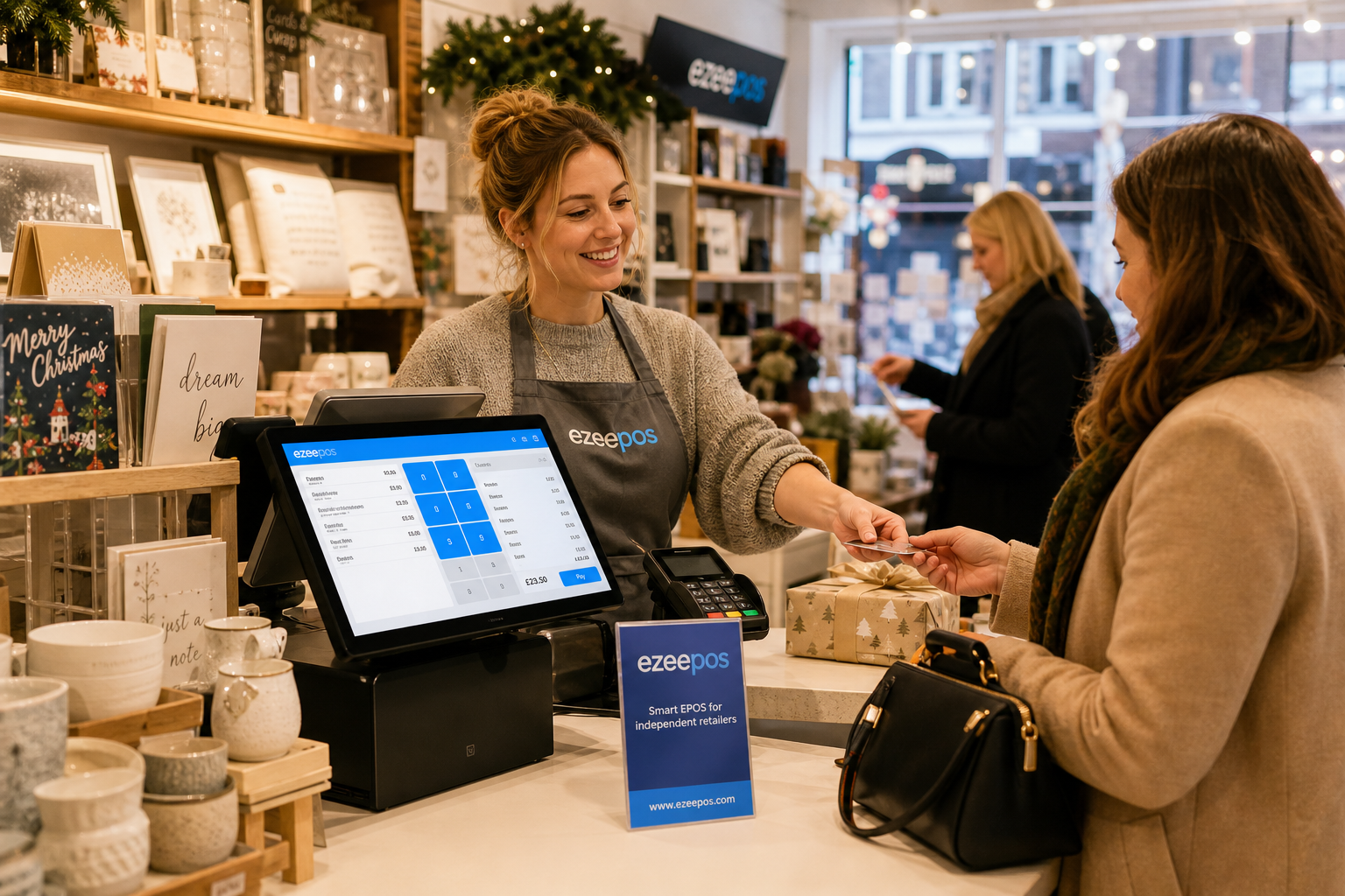 Why Independent Gift Shops Need a Better EPOS Setup for Seasonal Trading: a photorealistic commercial photography style image of an independent UK gift shop counter during a busy seasonal trading period, with a modern touchscreen EPOS terminal clearly visible beside neatly displayed gift items, cards and small homeware products, a friendly shop assistant serving a customer, subtle blue brand accents on the screen interface and signage, a customer browsing while the till team processes a sale efficiently, clean counter space, warm natural lighting, shallow depth of field, premium but realistic composition, professional website hero image for ezeepos, realistic retail environment, technology as the focal point, UK high street feel, calm yet busy atmosphere, suitable for a WordPress featured image.