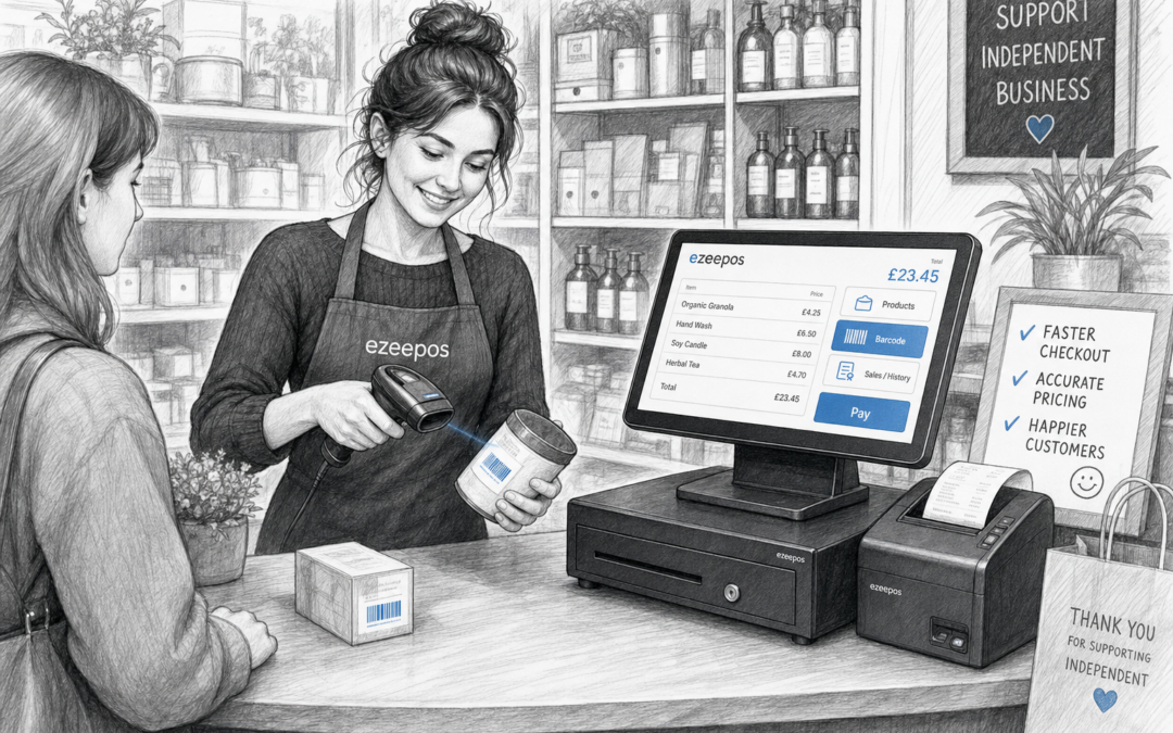 Barcode Scanning for Faster Checkout in Independent Retail: a detailed black-and-white pencil and ink editorial blog illustration showing a realistic UK independent shop counter with a friendly shop assistant scanning barcodes on products using a handheld scanner beside a modern touchscreen EPOS till, receipt printer and cash drawer, a customer waiting at the counter, neatly arranged retail stock in the background, shallow depth of field, natural lighting, warm and professional business atmosphere, clean hand-drawn linework with light shading, subtle blue accent details only on the till screen interface and small barcode highlight elements, premium realistic composition designed as a WordPress featured image for ezeepos, focused on speed, accuracy and a smooth checkout experience, not photorealistic, not cartoonish, no clutter, no unrelated scenery.