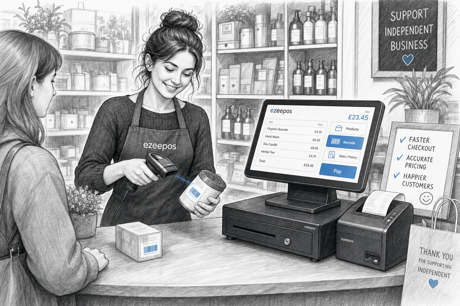 Barcode Scanning for Faster Checkout in Independent Retail: a detailed black-and-white pencil and ink editorial blog illustration showing a realistic UK independent shop counter with a friendly shop assistant scanning barcodes on products using a handheld scanner beside a modern touchscreen EPOS till, receipt printer and cash drawer, a customer waiting at the counter, neatly arranged retail stock in the background, shallow depth of field, natural lighting, warm and professional business atmosphere, clean hand-drawn linework with light shading, subtle blue accent details only on the till screen interface and small barcode highlight elements, premium realistic composition designed as a WordPress featured image for ezeepos, focused on speed, accuracy and a smooth checkout experience, not photorealistic, not cartoonish, no clutter, no unrelated scenery.