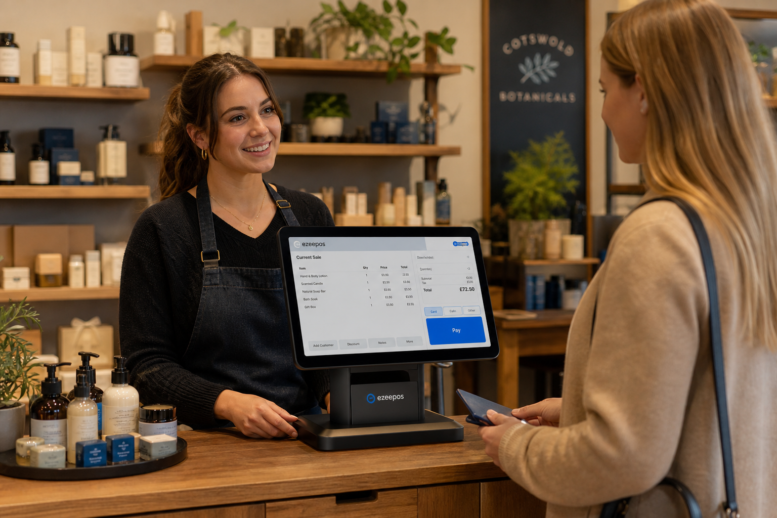 Choosing the Right Touchscreen Till for a Busy Retail Counter, a photorealistic commercial photography style image set inside a warm, modern UK independent retail shop with a clean checkout counter, a sleek touchscreen POS terminal clearly visible, a staff member serving a customer, products neatly arranged nearby, subtle blue brand accents on the screen interface and small details, natural lighting, shallow depth of field, premium realistic composition, professional retail atmosphere, the technology and checkout workflow as the main focus, suitable as a WordPress featured image for ezeepos.