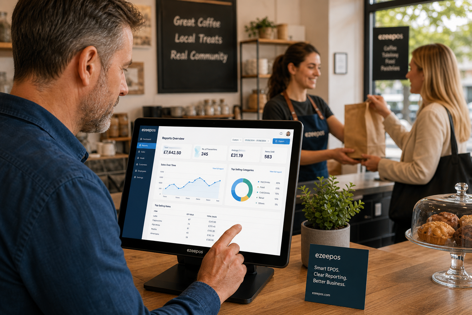 Using EPOS Reporting to Spot Sales Patterns in a Busy UK Business, photorealistic commercial photography style showing a warm, modern UK retail or hospitality counter where an independent business owner is reviewing sales reports on a sleek ePos touchscreen terminal or tablet, with charts and clear blue-accented dashboard screens visible, a friendly staff member serving a customer in the background, clean counter area, natural daylight, shallow depth of field, premium realistic composition, subtle ezeepos-style branding cues in the interface and environment, professional blog hero image for a UK EPOS software website, focused on practical reporting and day-to-day business decisions, not a stock photo look.
