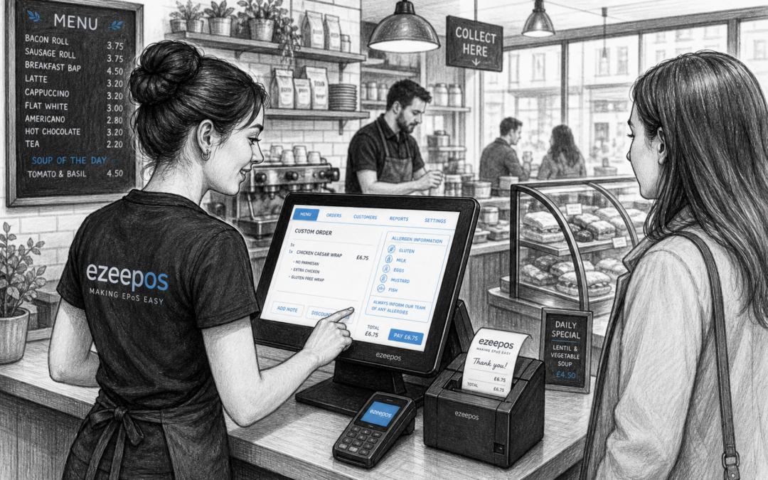 Why Food Information Matters in EPOS for Cafes, Restaurants and Takeaways: Create a detailed black-and-white pencil and ink editorial blog illustration showing a realistic UK cafe or takeaway counter during a busy service, with a friendly staff member using a modern touchscreen EPOS till to check menu details, allergen notes and custom order information while a customer waits at the counter. Include a receipt printer, a small card terminal nearby, and a clean counter space with subtle blue accent details only on the screen interface, buttons and small menu highlights. The scene should feel like a professional ezeepos blog hero image, with warm modern lighting, shallow depth of field, clear focus on the technology and food ordering workflow, realistic hand-drawn linework, light shading, premium but practical composition, and a calm, organised UK hospitality atmosphere suitable for WordPress.