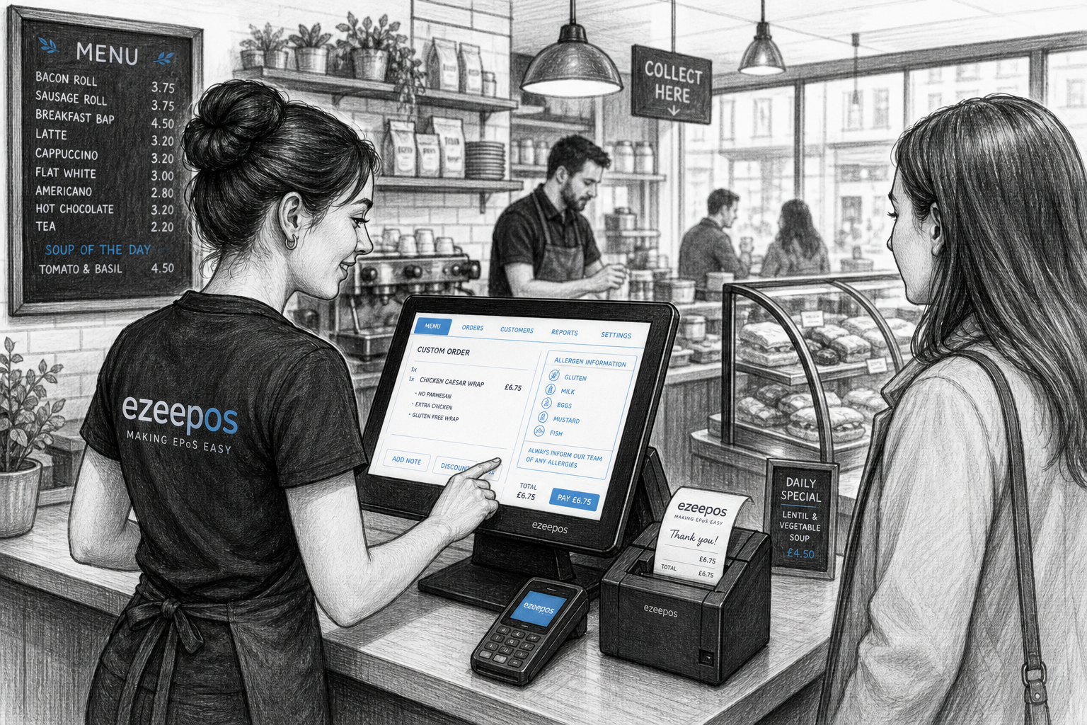 Why Food Information Matters in EPOS for Cafes, Restaurants and Takeaways: Create a detailed black-and-white pencil and ink editorial blog illustration showing a realistic UK cafe or takeaway counter during a busy service, with a friendly staff member using a modern touchscreen EPOS till to check menu details, allergen notes and custom order information while a customer waits at the counter. Include a receipt printer, a small card terminal nearby, and a clean counter space with subtle blue accent details only on the screen interface, buttons and small menu highlights. The scene should feel like a professional ezeepos blog hero image, with warm modern lighting, shallow depth of field, clear focus on the technology and food ordering workflow, realistic hand-drawn linework, light shading, premium but practical composition, and a calm, organised UK hospitality atmosphere suitable for WordPress.